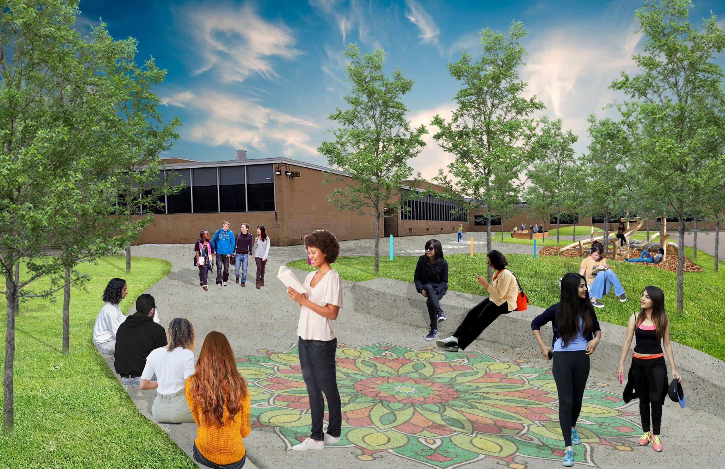 Perspective showing outdoor classroom with seating and trees for shade, nature play structure, pathways, and a gaga ball pit. 