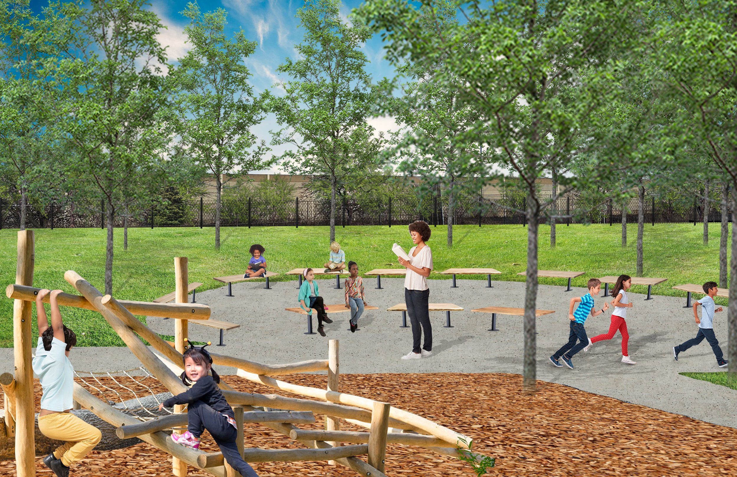 Perspective drawing showing outdoor learning area with seating and trees for shade, nature play structure, and pathways.