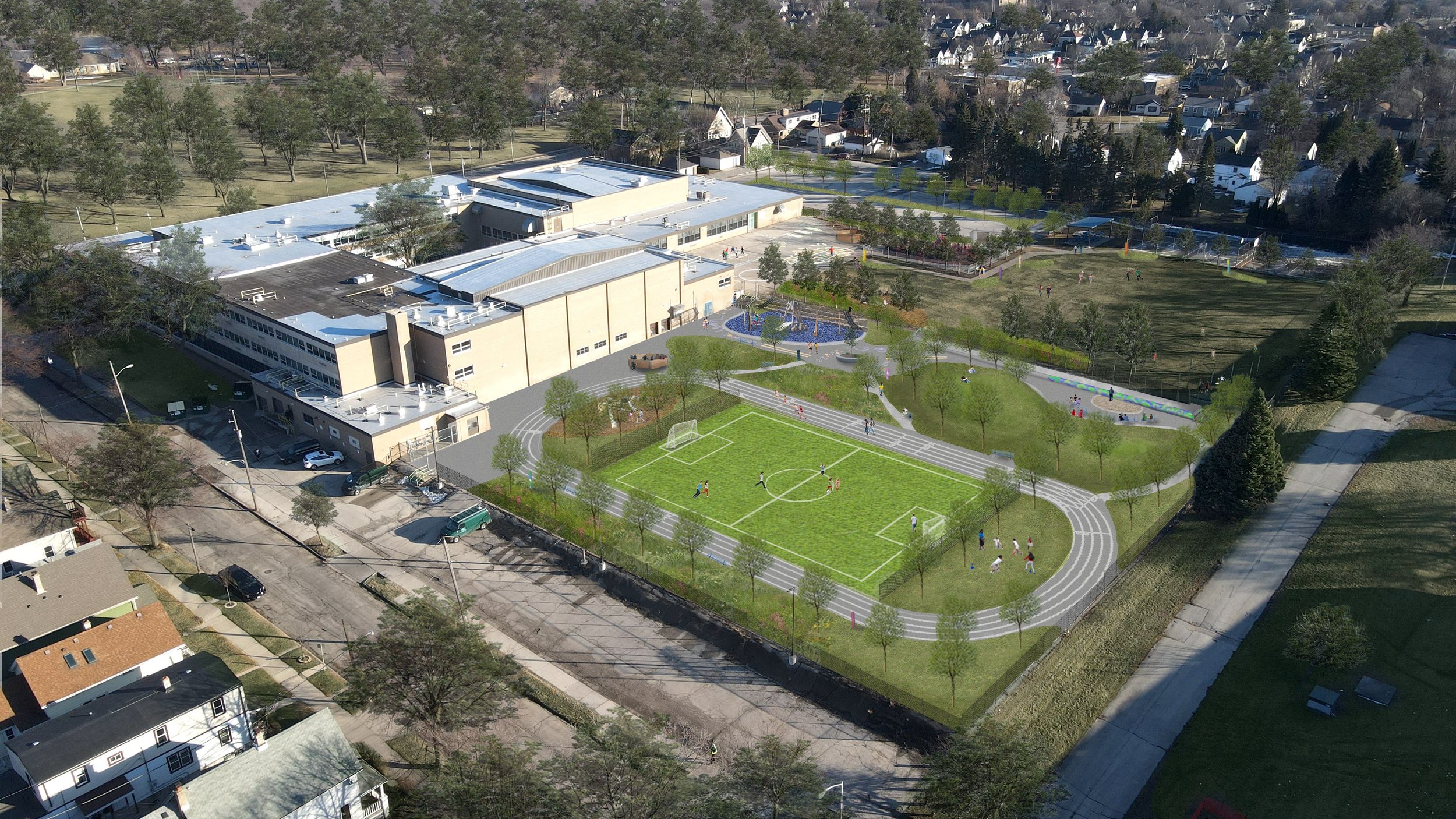 Aerial perspective showing synthetic turf field, trees  for shade, bioswales for stormwater management, new play structures and outdoor gathering area. 
