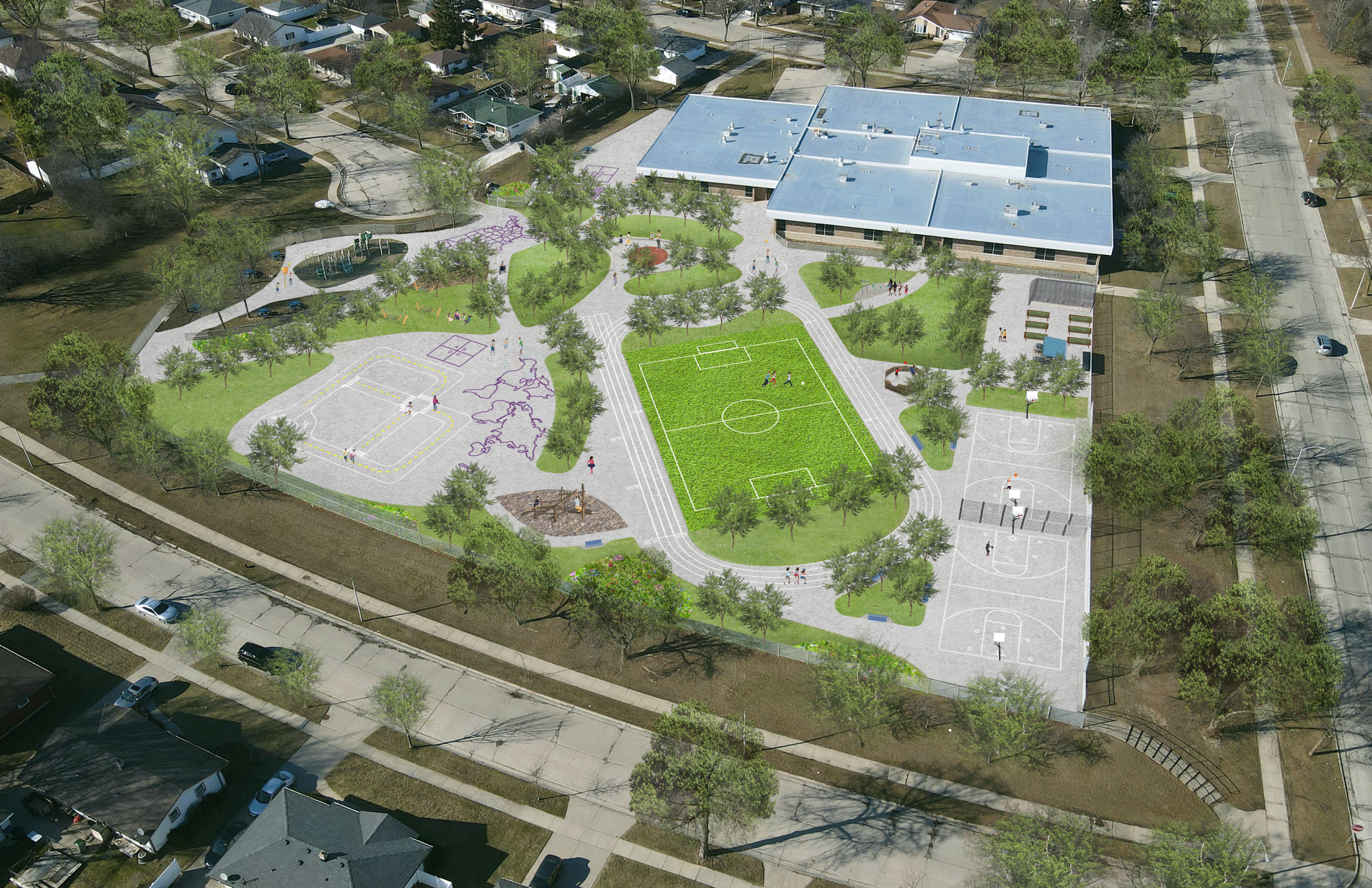 Aerial perspective showing enhanced outdoor learning spaces, synthetic turf field and track, nature play, garden beds, trees for shade and stormwater management. 