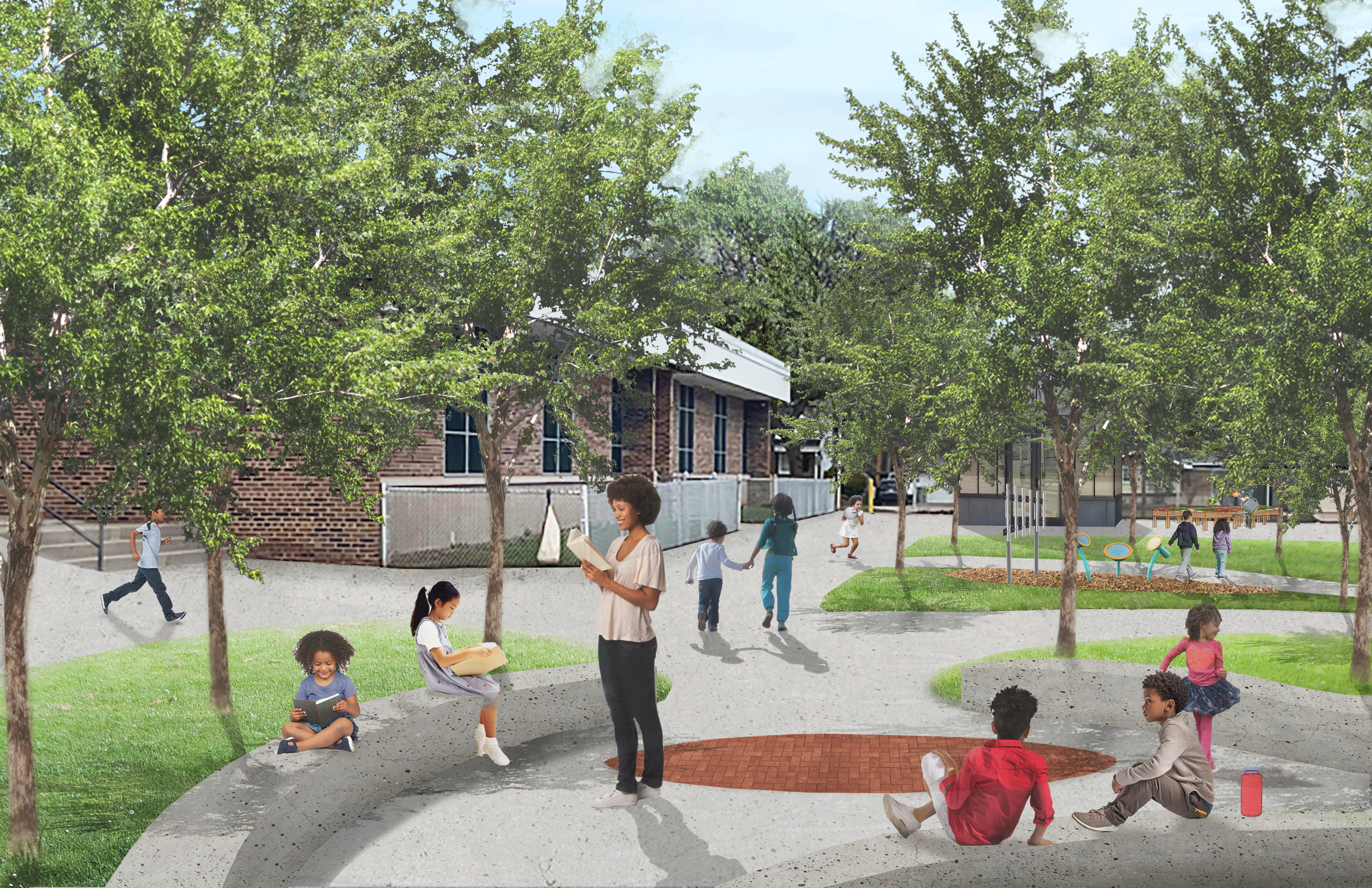 Perspective drawing showing outdoor learning area with seating and trees for shade, pathways, musical instruments,  a green house, and garden beds. 