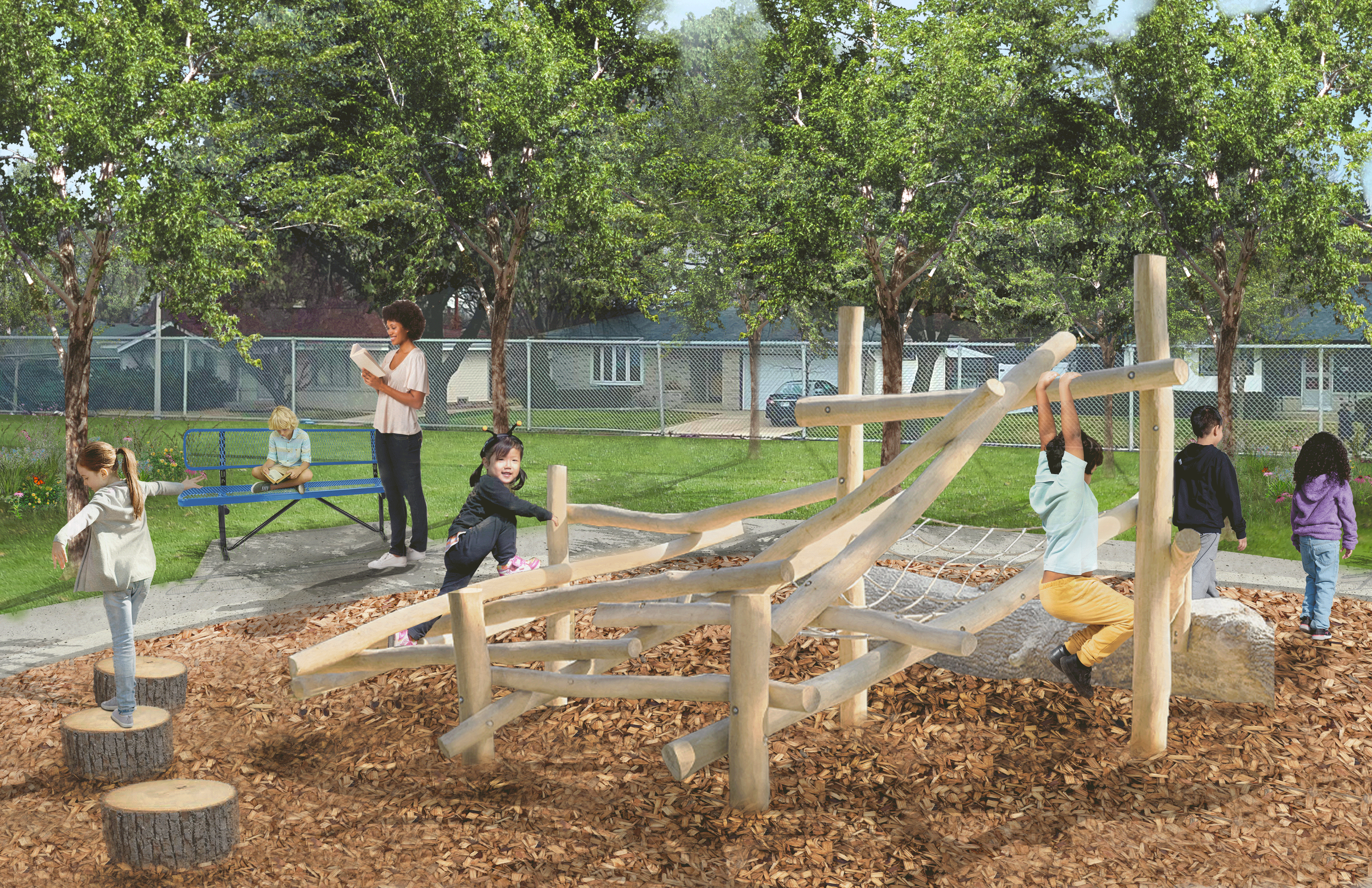 Perspective drawing showing trees for shade, nature play structure, pathways and seating. 