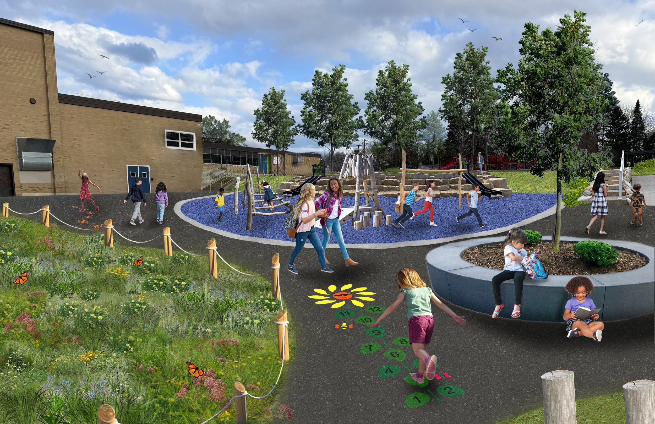 Perspective drawing showing bioswales and trees for shade and stormwater management, new play features, and seating areas
