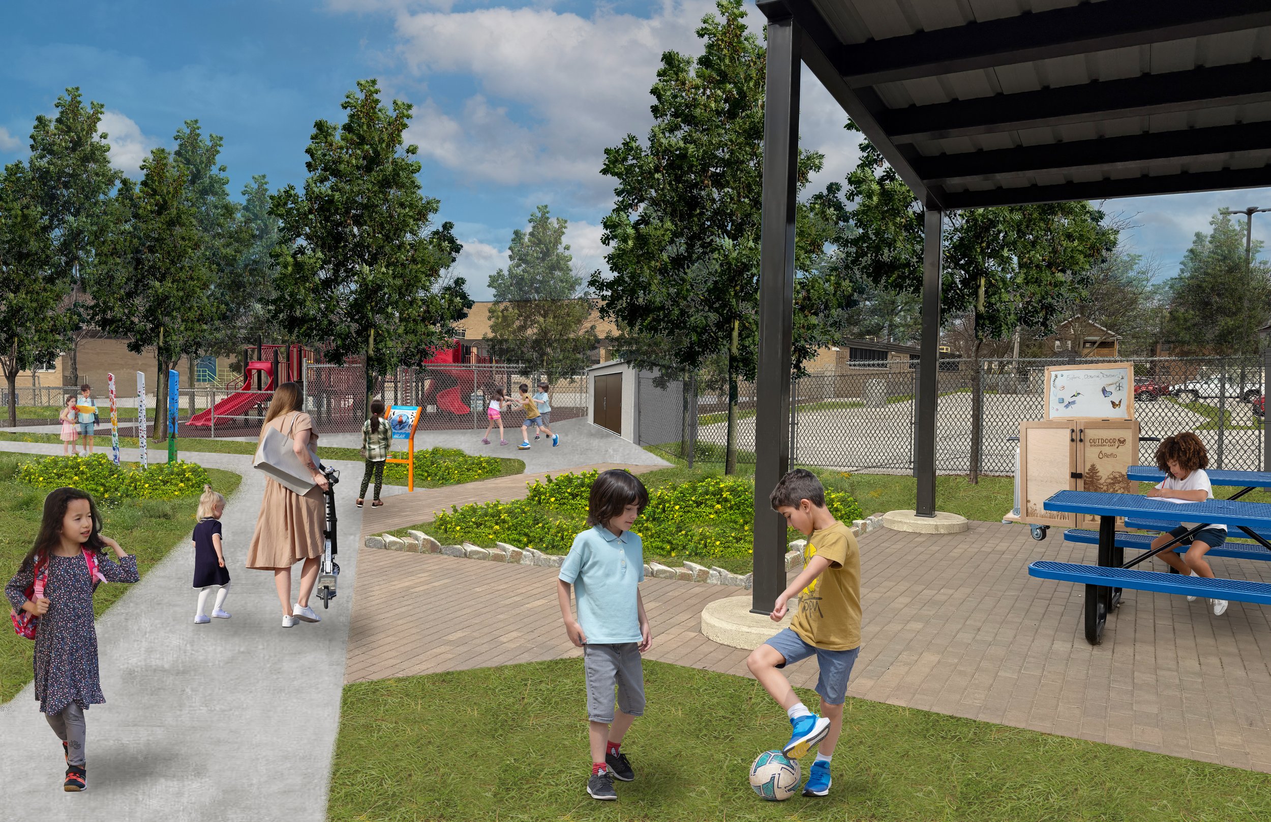 Perspective drawing showing pathways, outdoor classroom, play features and trees for shade and stormwater management