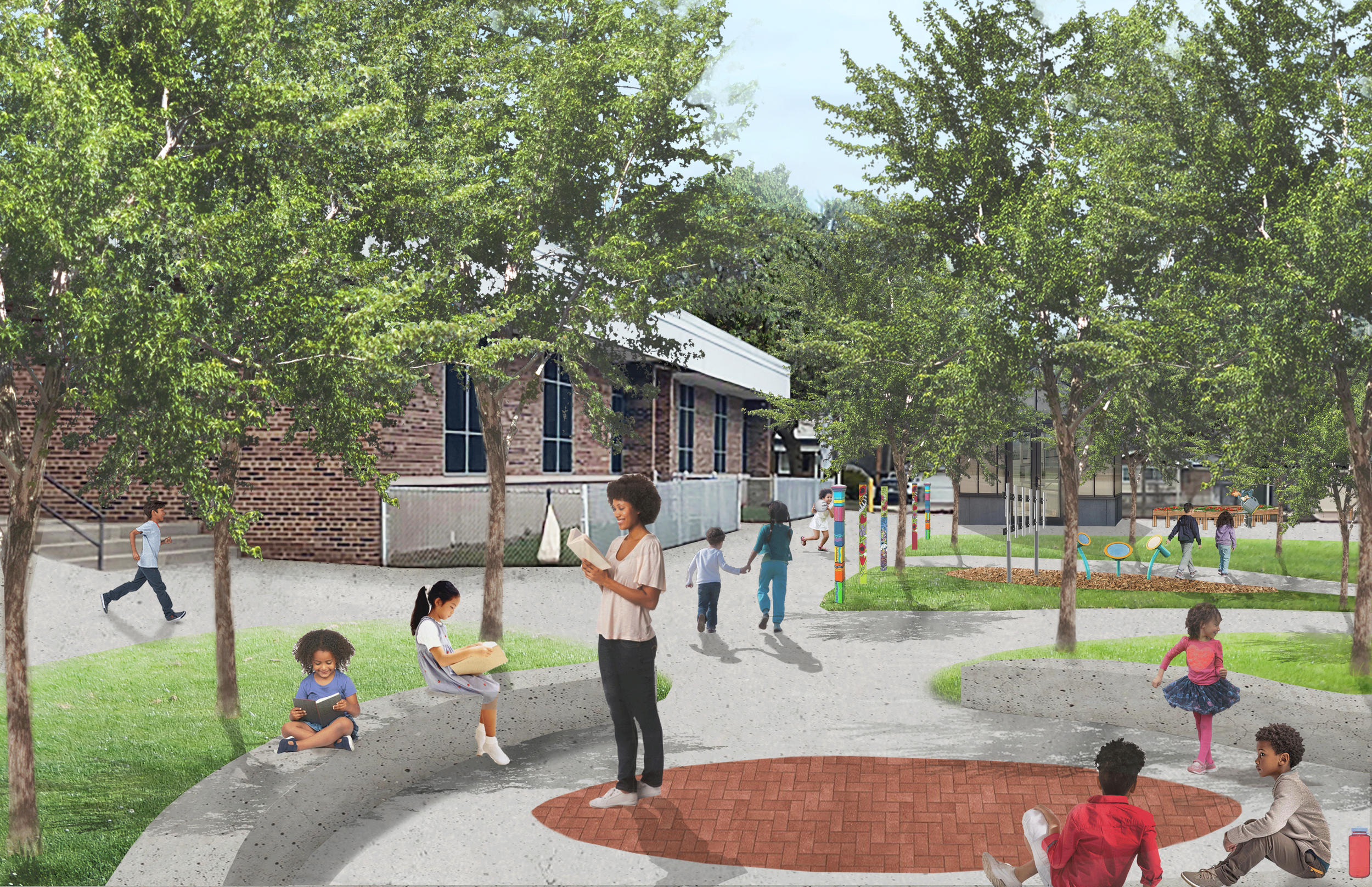 Perspective drawing showing outdoor learning area with seating and trees for shade, pathways, musical instruments,  a green house, and garden beds. 