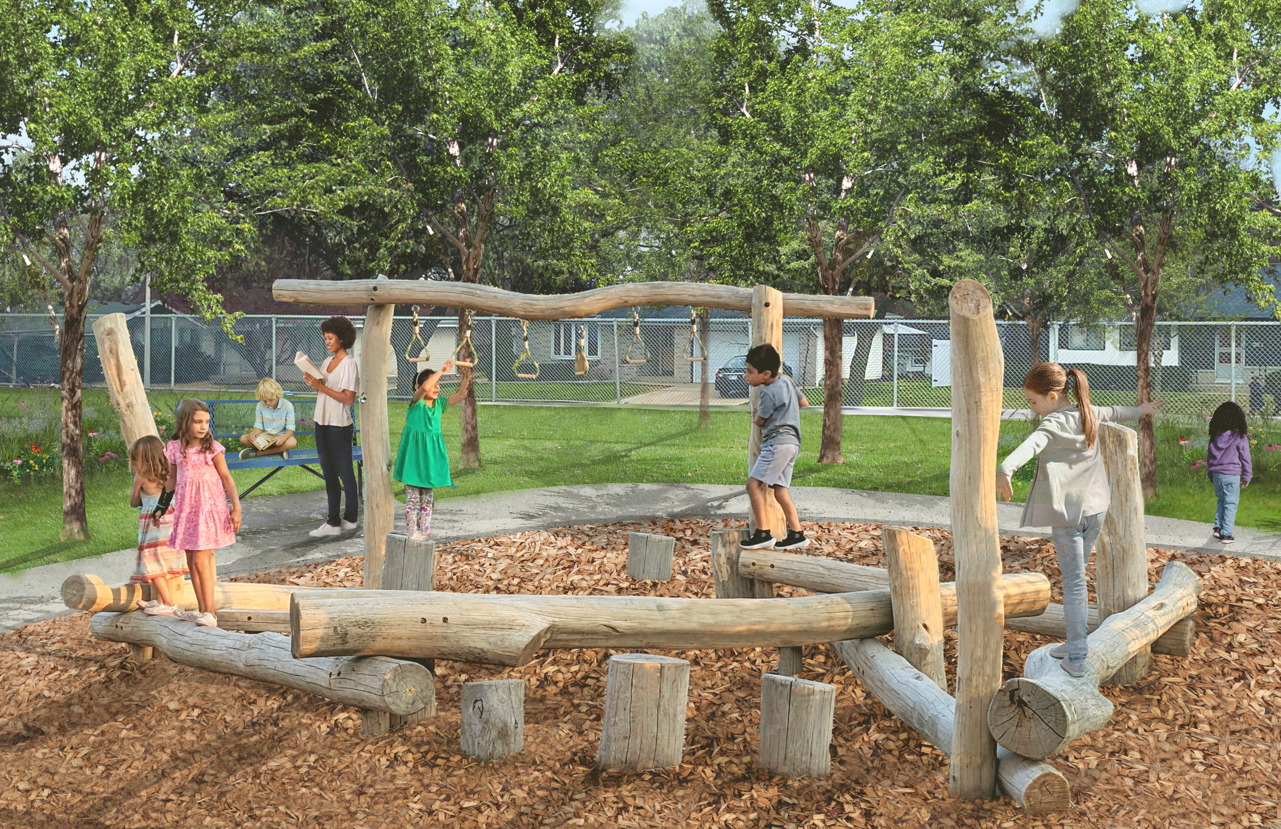 Perspective drawing showing trees for shade, nature play structure, pathways and seating. 
