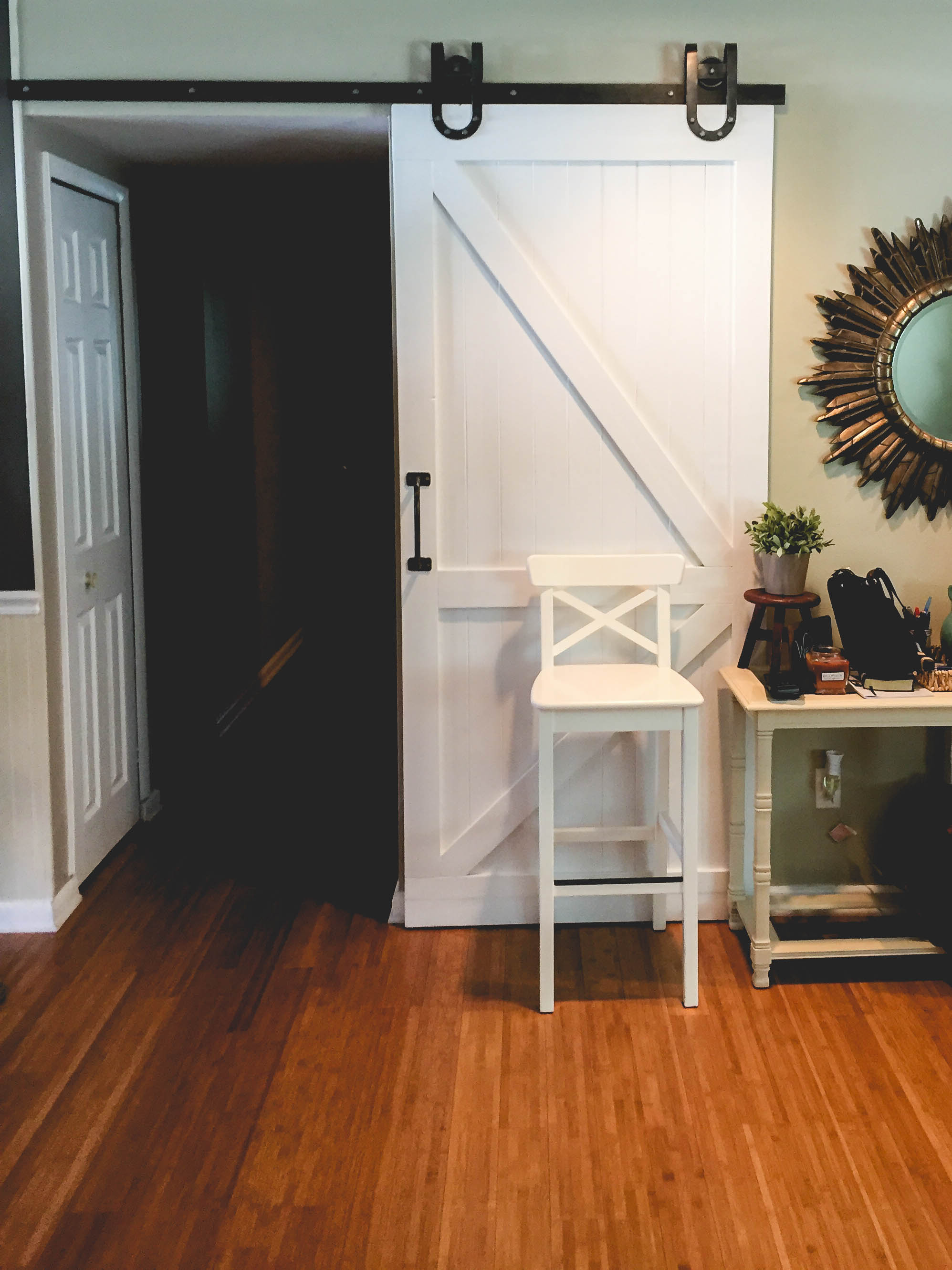 Sliding barn door, solid wood painted white