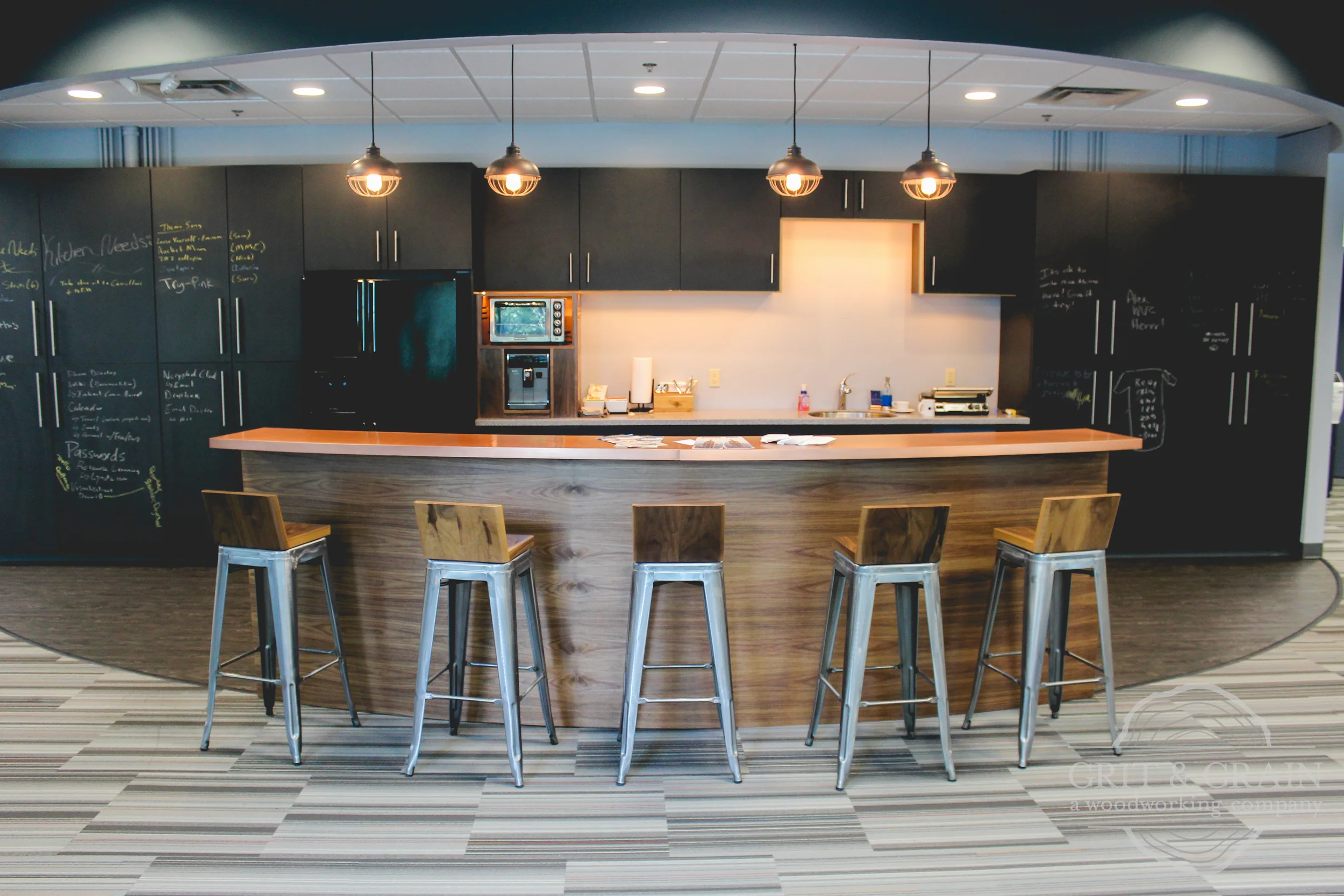 Custom office kitchen bar with copper countertop and walnut barstools, ZNES Group office suite, Lake Mary, FL