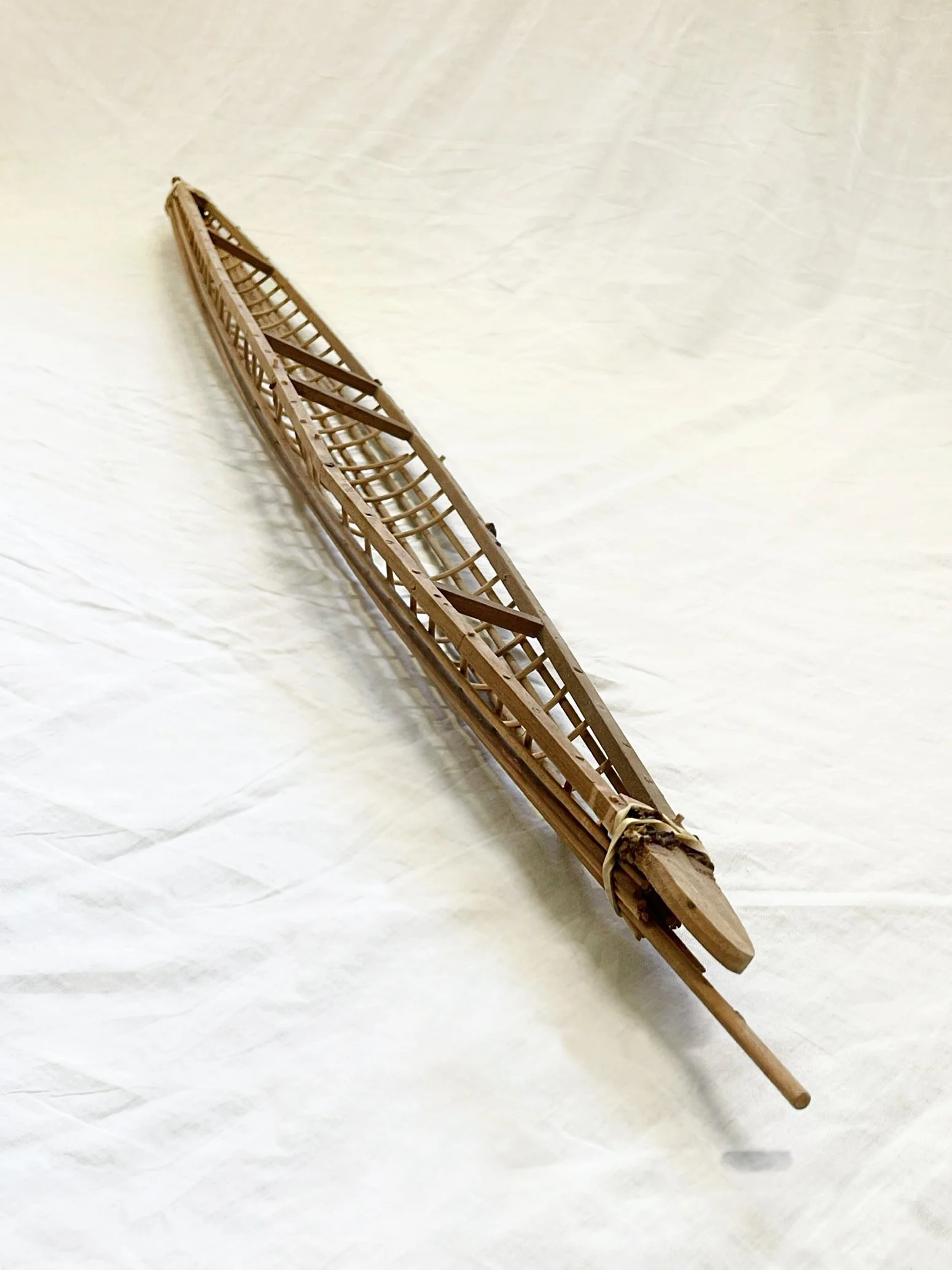 Traditional bidarka skeleton, (mini model) - Bentwood and gut twine - 1m L  x 8cm W x 5cm H
