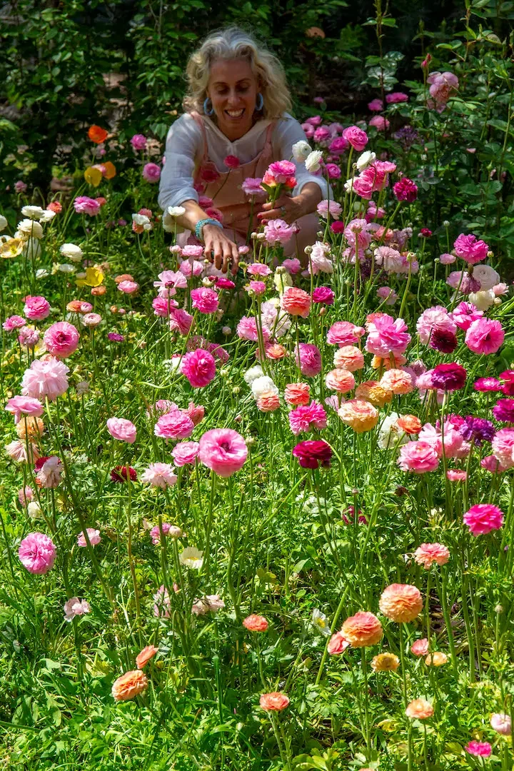 Petrina Burril in the garden, surrounded by pink and white blooms, portrait