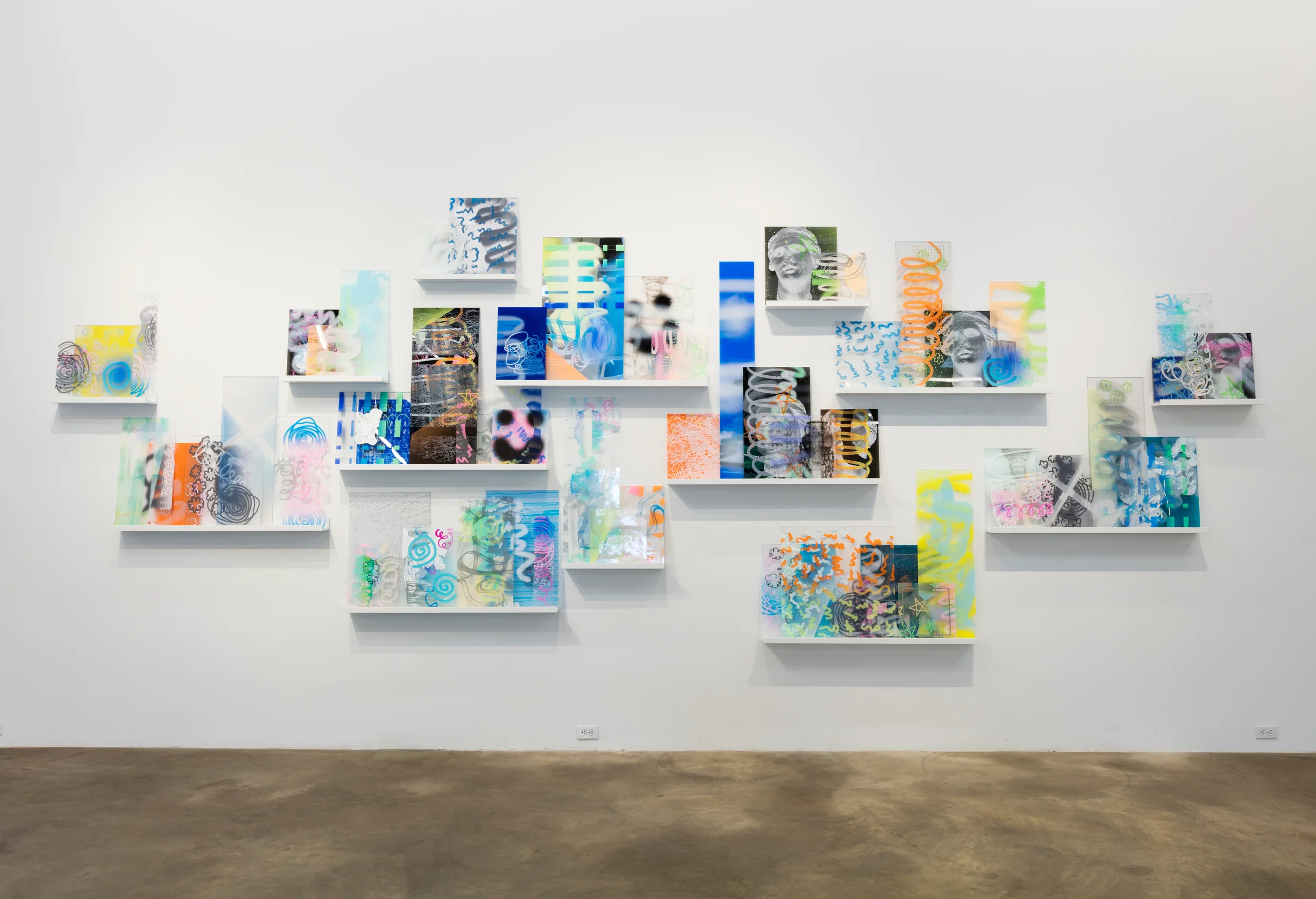 Everything Versus Anything | silkscreen, spray paint, paint pens, acrylic sheets, shelves | 93"x260"x5" | 2015-2016