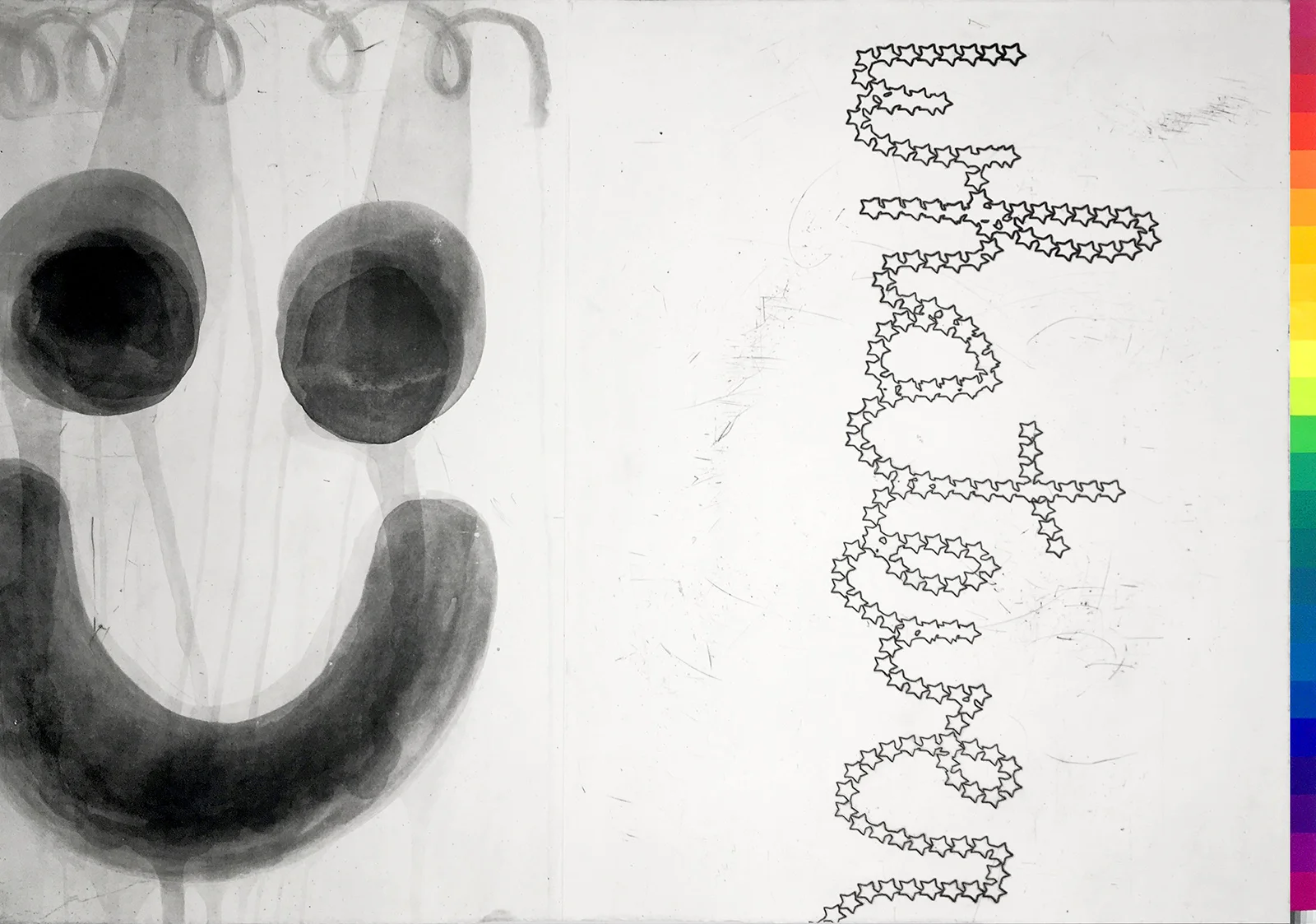 Smile And Whatever | aquatint and etching with gouache on paper | 30" x 42" | 2018