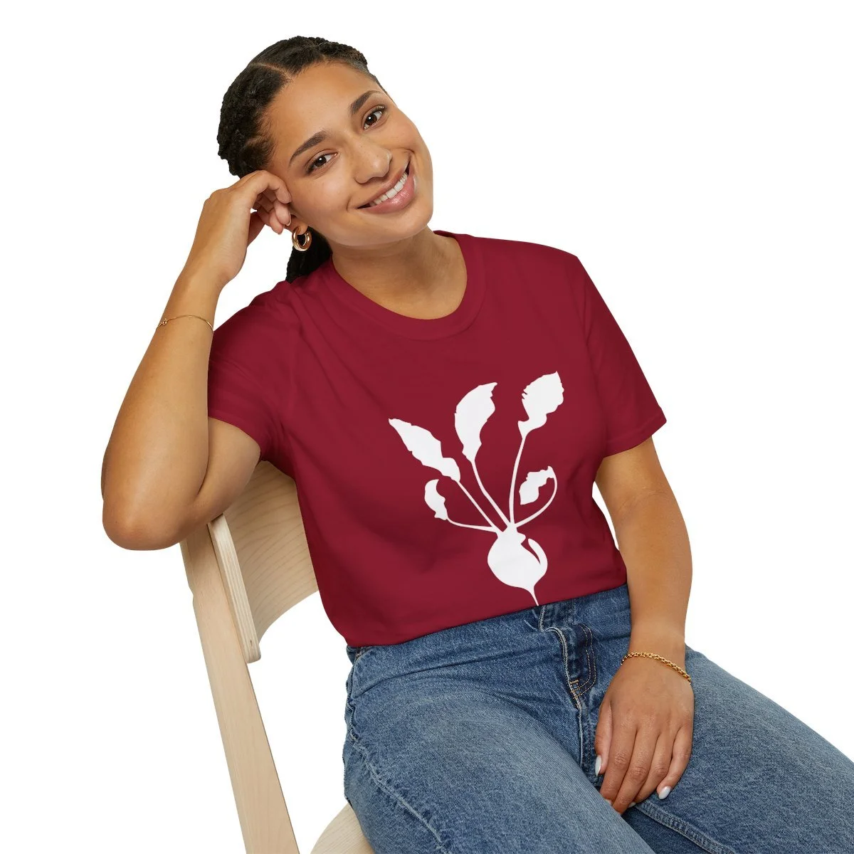 Paradigm Gardens merch. Cardinal red T-shirt with radish logo.