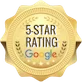 Gold badge with 5-Star Rating text and Google logo, indicating a high-quality review or rating.