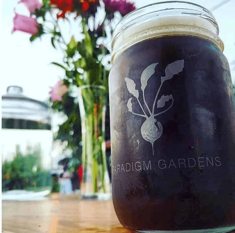 Paradigm Gardens glass full of local craft with flowers in background.beer