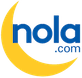 Yellow crescent moon with blue text nola.com in lowercase on a light gray background.