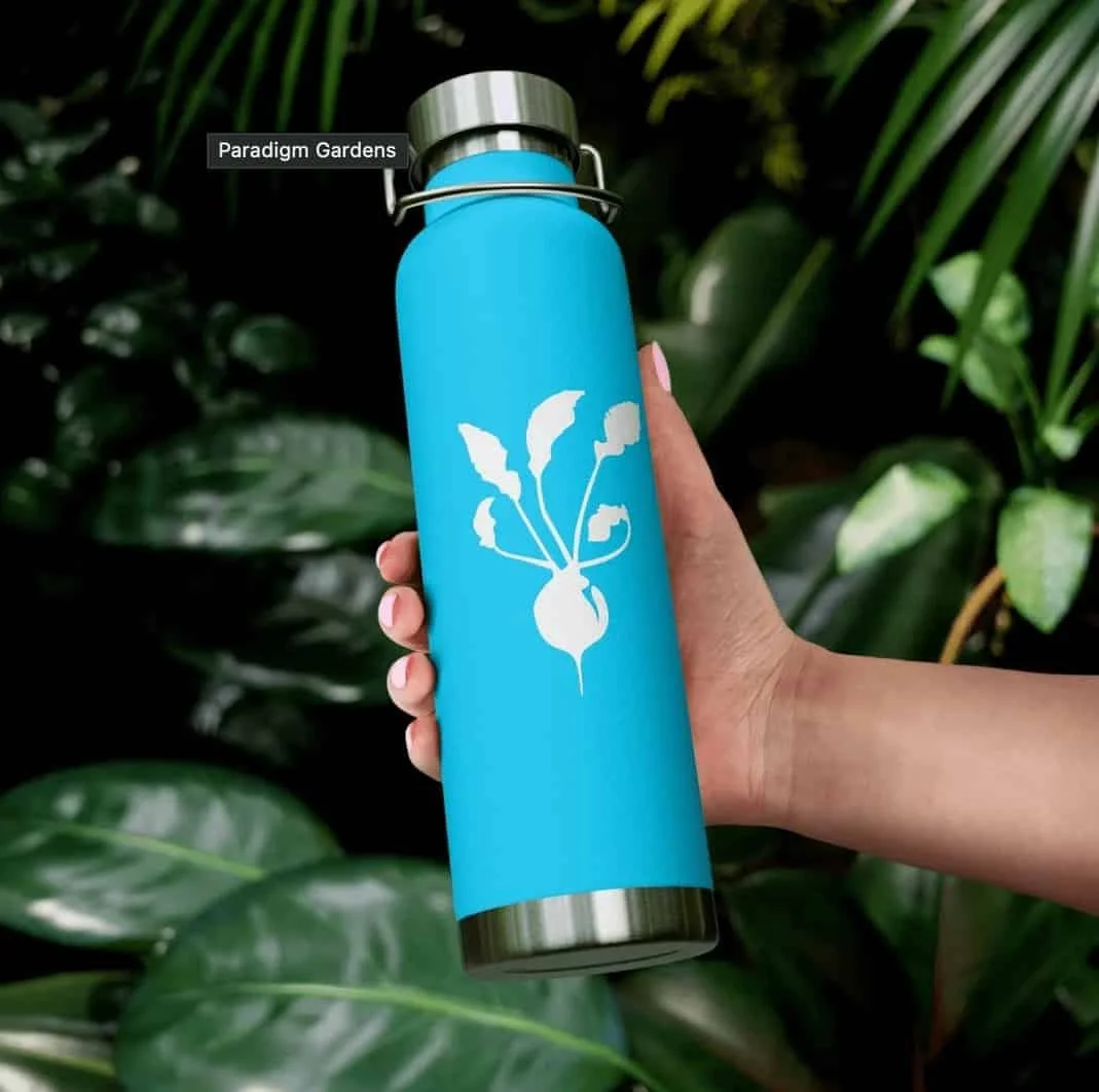 Baby blue Paradigm Gardens water bottle.