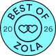 Blue circular badge with Best of Zola 2026 and two interlocking hearts in the center.