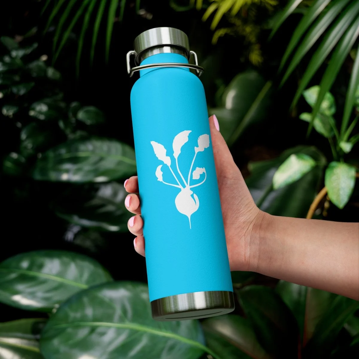 Paradigm Gardens merch. Aqua water bottle with white logo