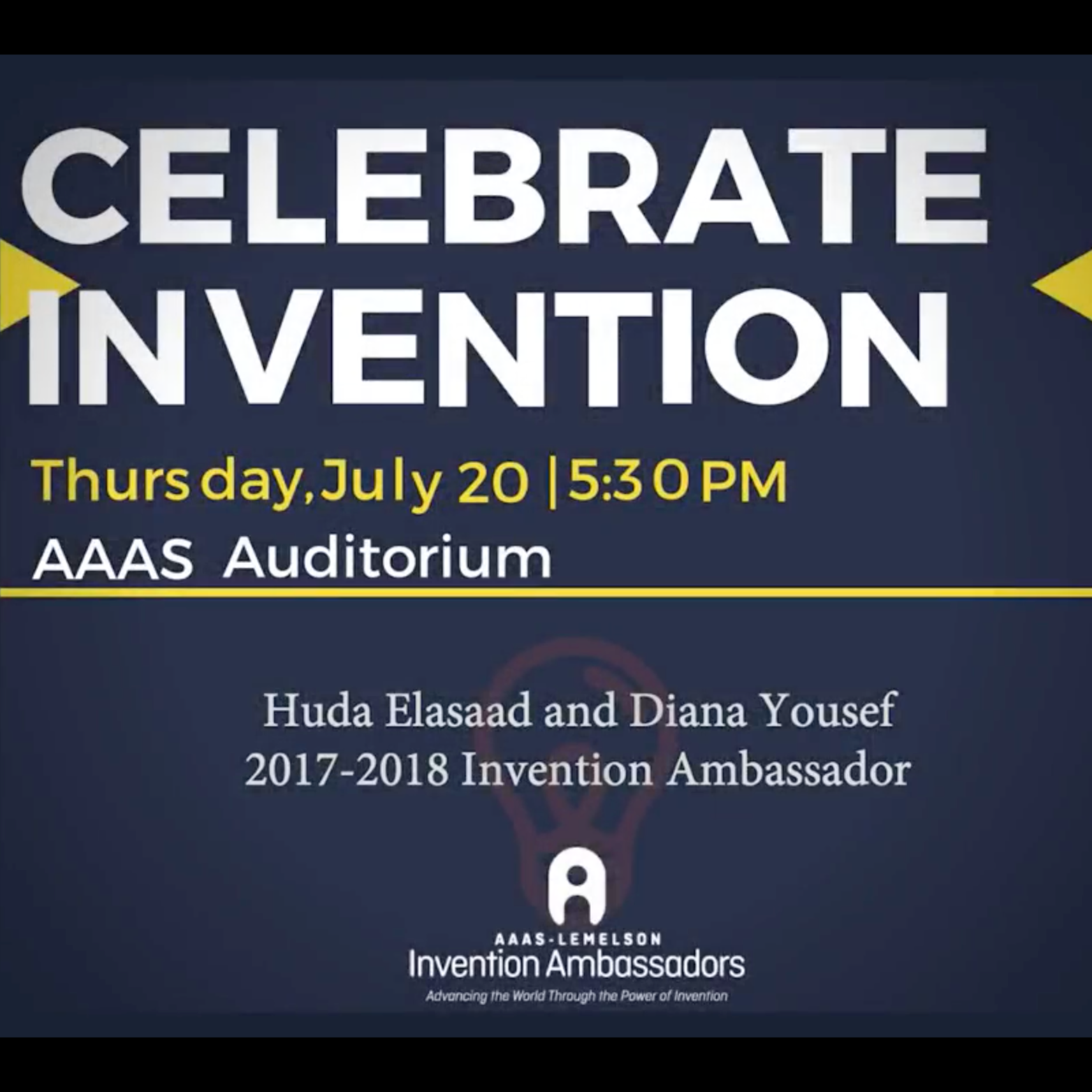AAAS-Lemelson Invention Ambassadors Program JUL 2017 change:WATER's CEO and CTO discuss their work at the annual "Celebrate Invention" CEO Diana Yousef and CTO Huda Elasaad shared their stories on the challenges they face, and the ways in which their experiences drive their work and inventions at the 4th Annual "Celebrate Invention" event.
