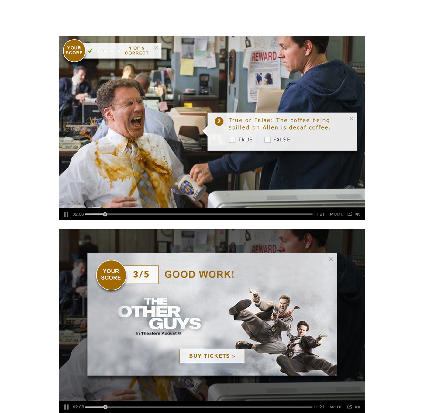 “QUIZ” ad unit is a series of interactive trivia question overlays, synced with the video, providing a fun and entertaining way for the viewer to engage with the brand’s content. This product works well with a video that has a bit of a sense of humo