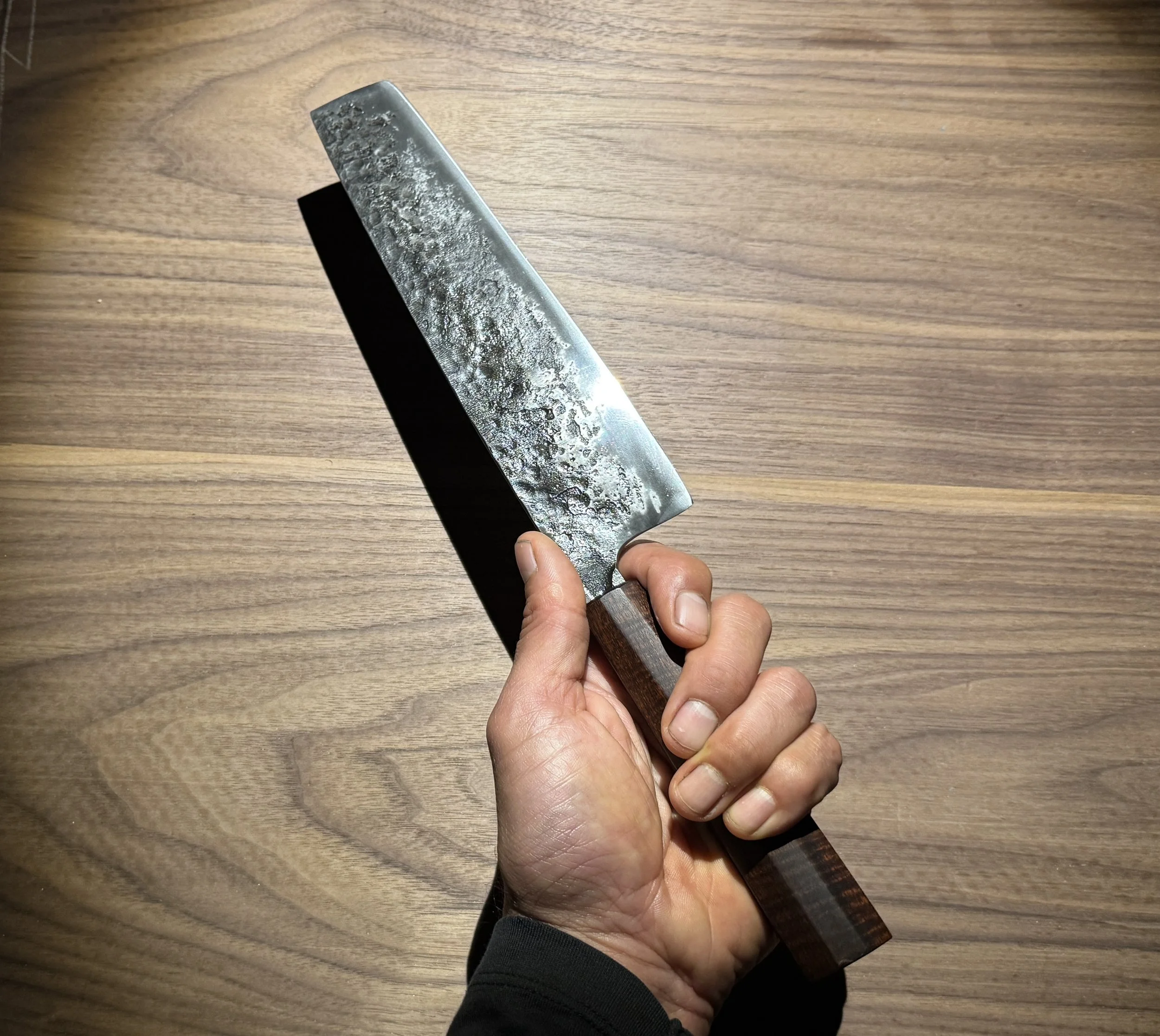 Hand forged nakiri with ringed gidgee handle