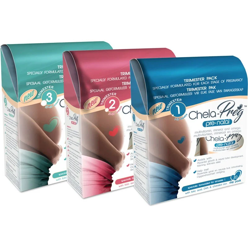All three trimester packs of the new Chela-Preg prenatal vitamins