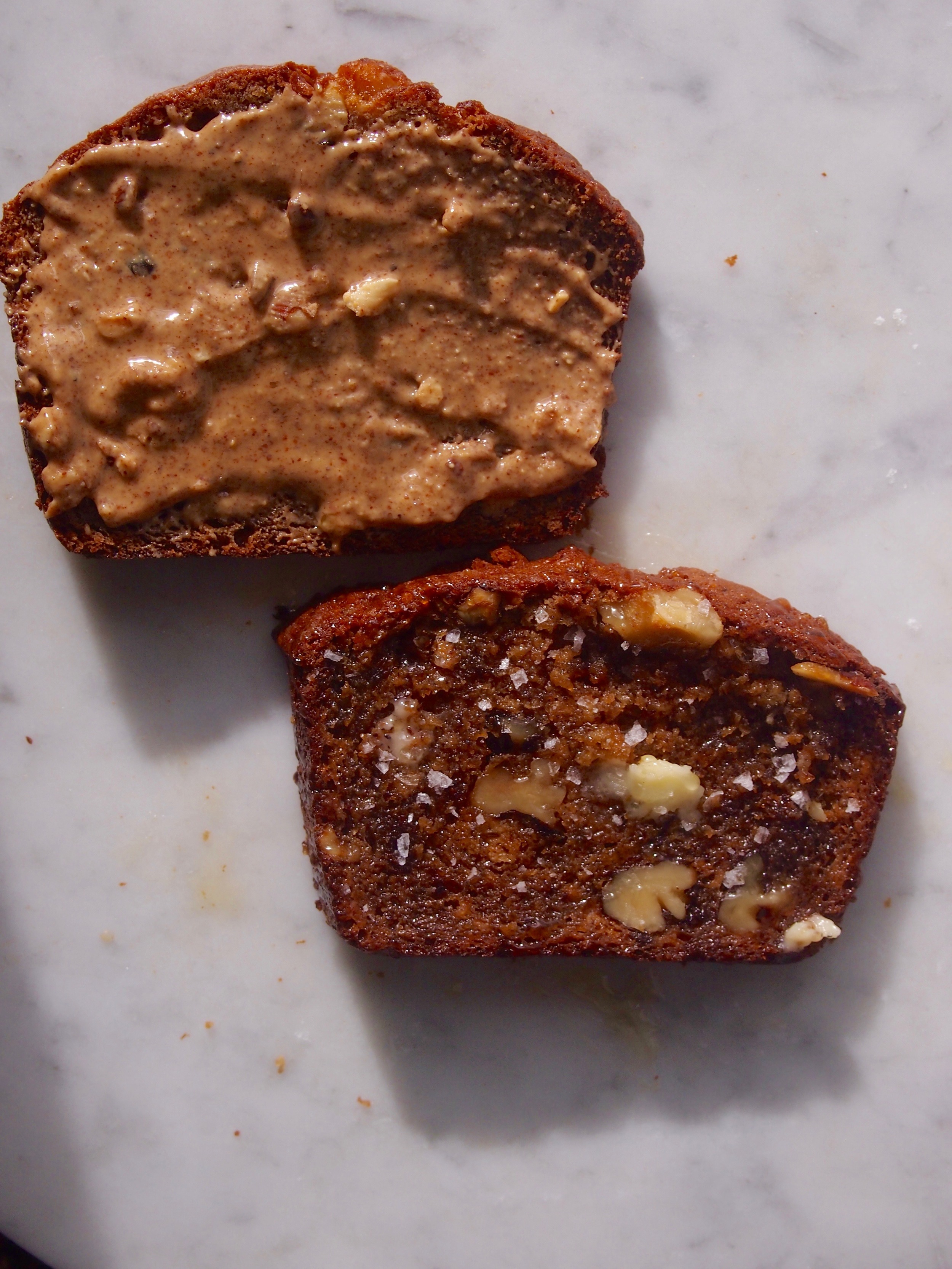 how to decorate your banana bread according to this season's trends: almond butter and fancy french salt.