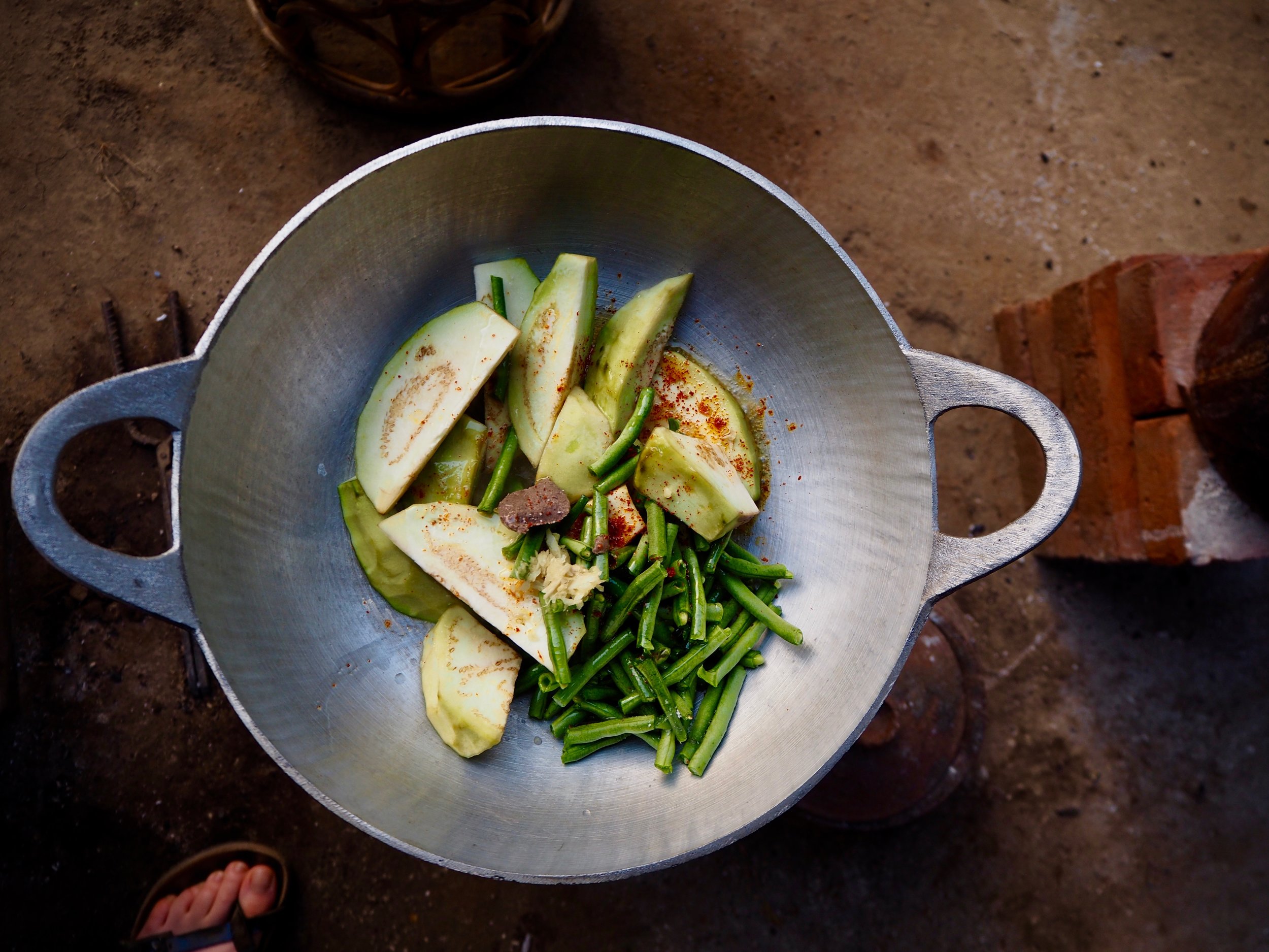 Vegetable curry beginnings. Burmese eggplant and green beans.