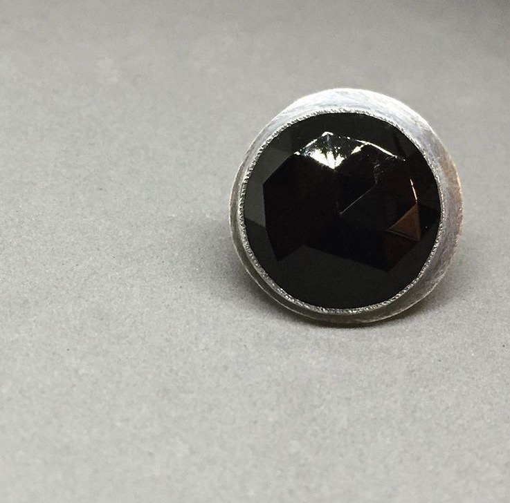  black lunar ring; oxidized sterling & faceted vintage glass