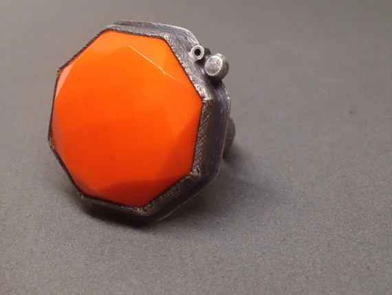  orange octagon ring: oxidized sterling & faceted vintage glass