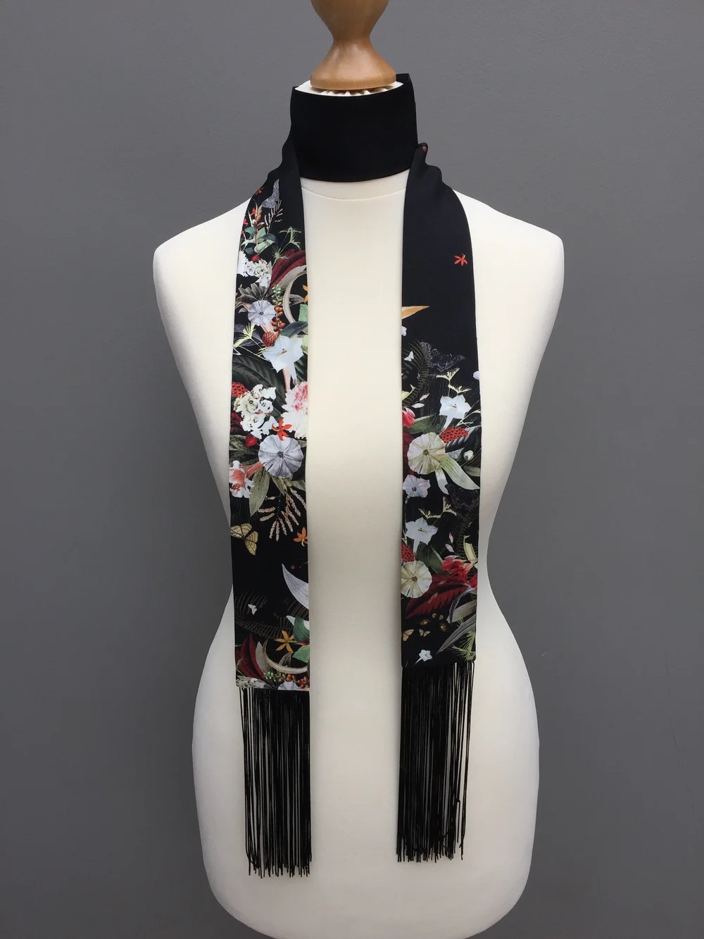 Fringed Thin Head Scarf Botanical Fringed Skinny Silk Scarf — PAVILION