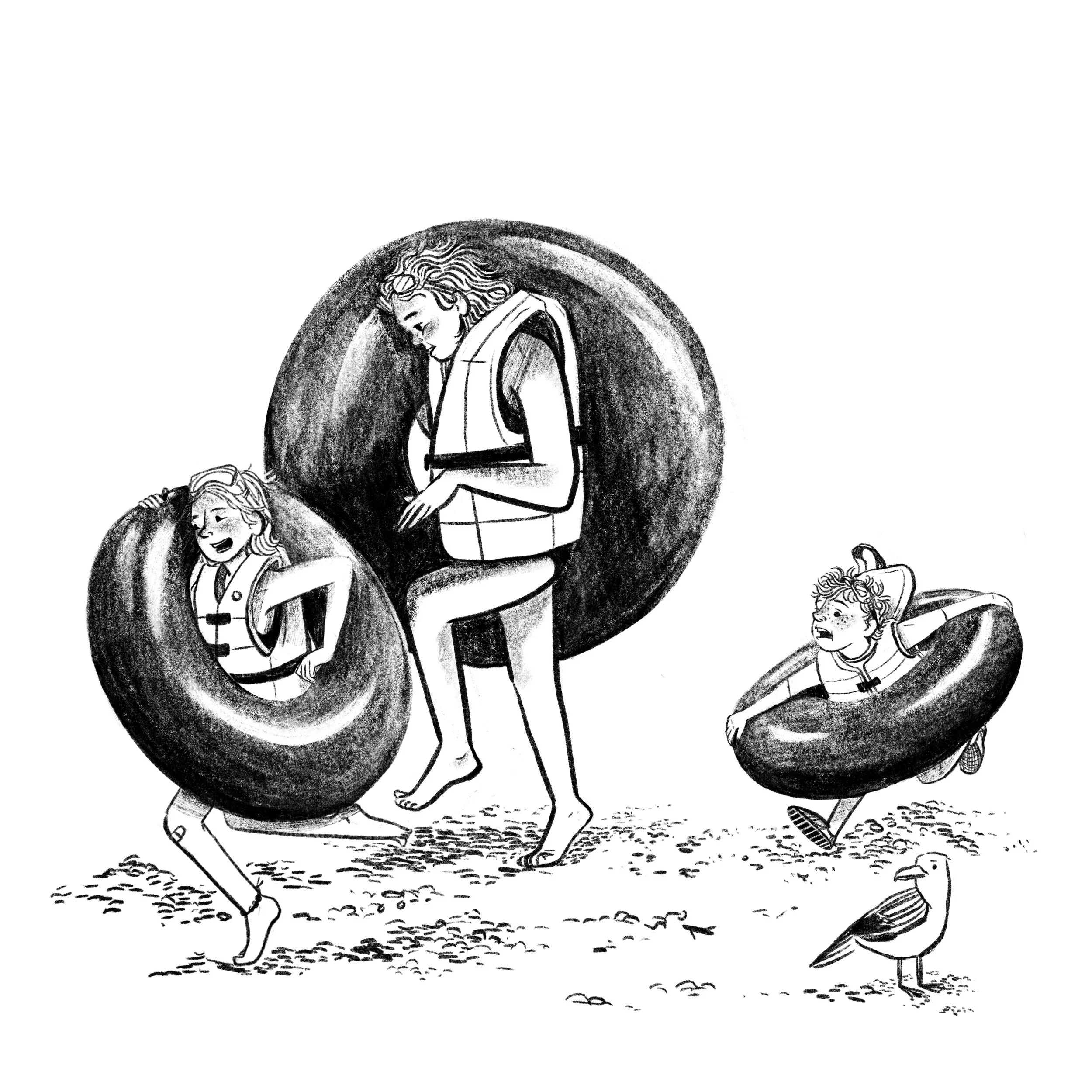 Three children in life jackets and swimwear playing on the beach, each with inflatable inner tube, with a seagull on the sand.