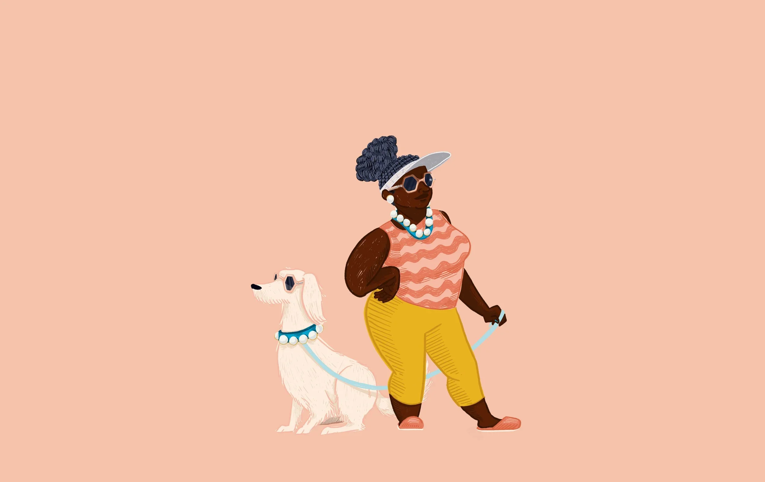An illustration of a woman with dark skin, wearing a wide-brimmed hat, sunglasses, a pearl necklace, and a wavy coral top with yellow pants, walking a light pink dog in matching pearl necklace on a pink background. Both are wearing blue sunglasses.