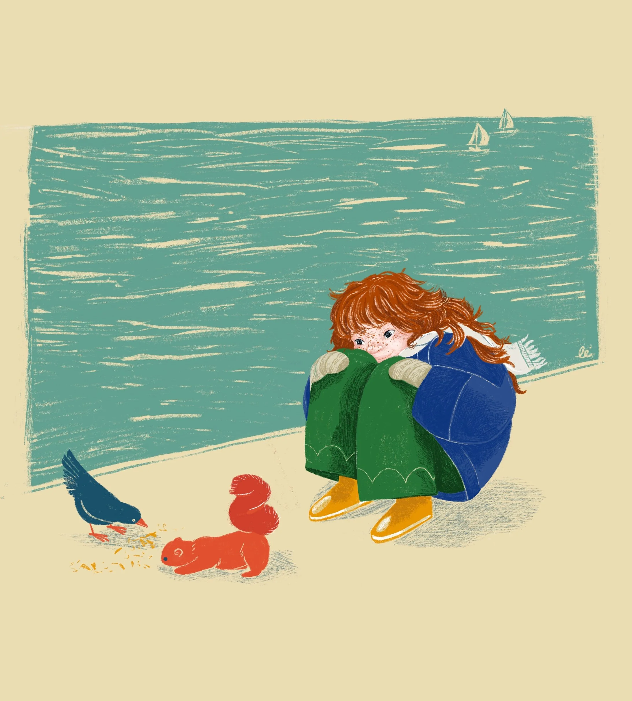 ginger hair girl feeding animals at the seaside