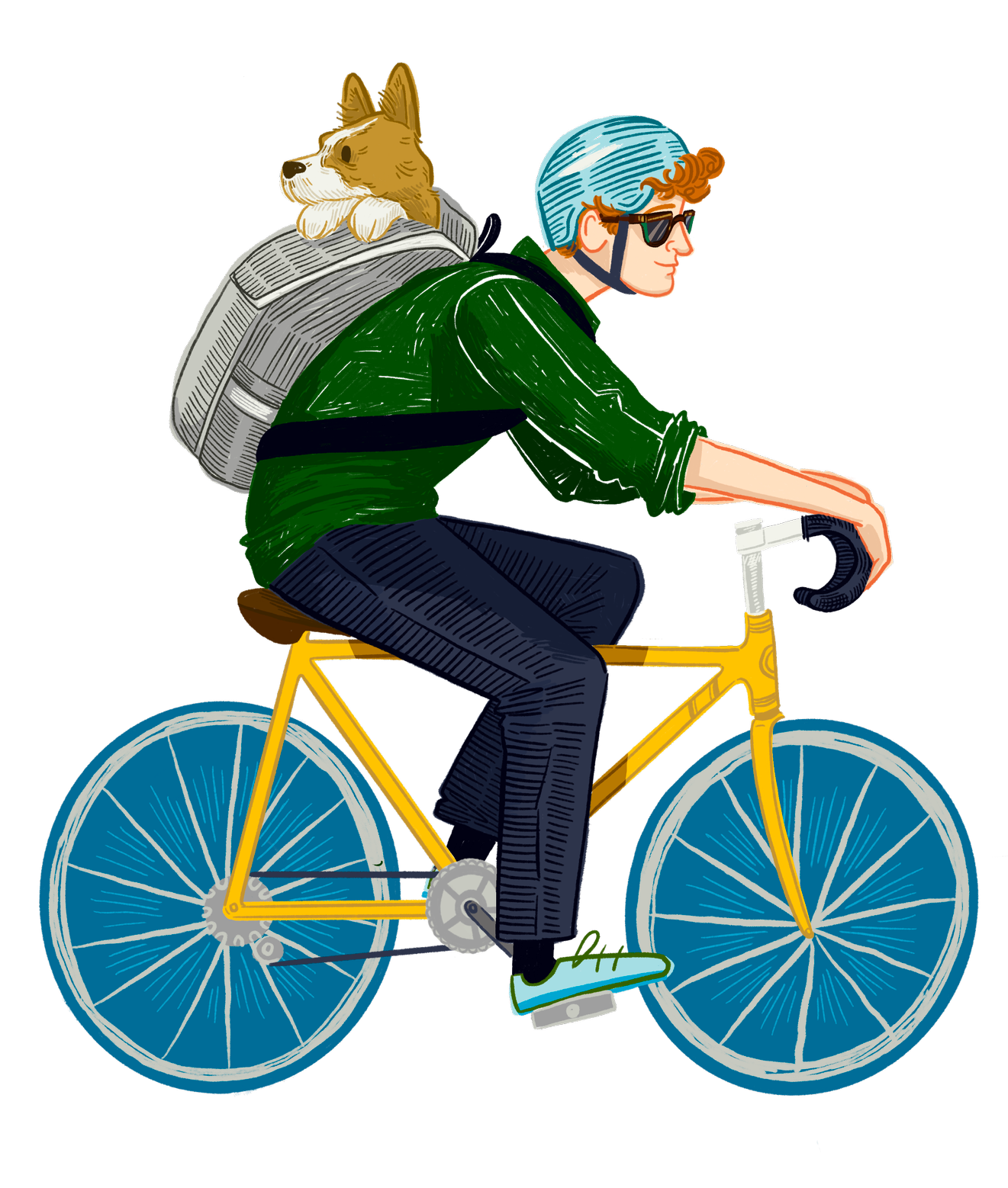 A red-haired young man riding a yellow bicycle with a corgi in a backpack on his back, wearing a blue helmet and sunglasses, with a small dog resting looking behind them in the backpack.