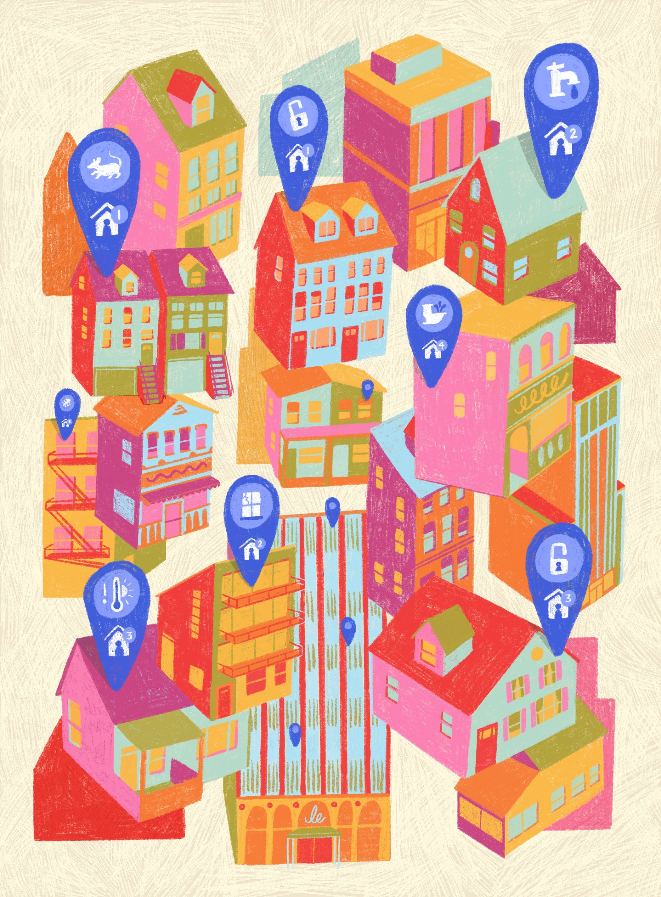 Colorful illustrated neighborhood with various buildings, each marked with blue location pins that show icons of maintenance calls.