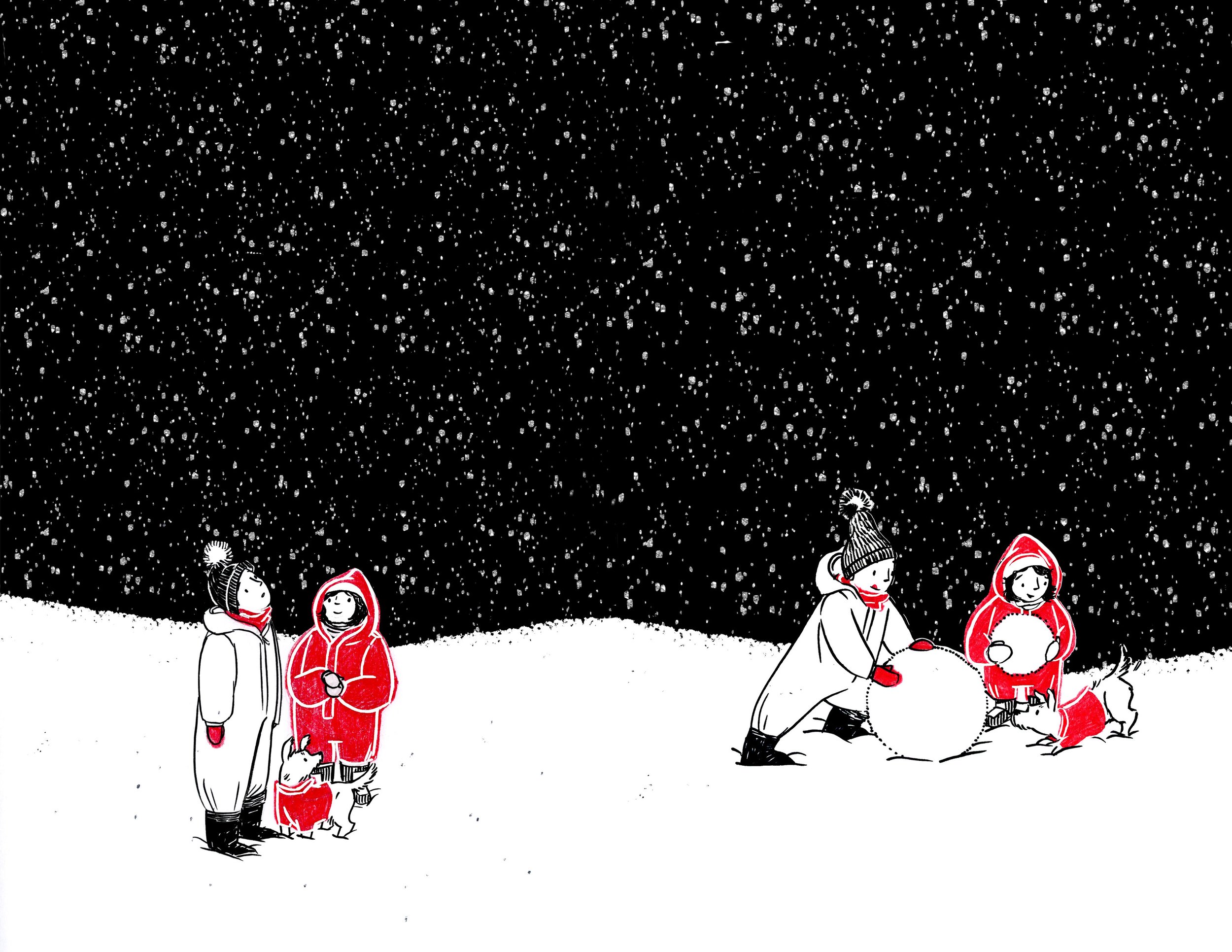 Two children in winter clothing, one in a red hooded coat and the other in a wool hat, building a snowman with a dog nearby in a snowy scene during a snowfall. Illustrated by Lucy Engelman