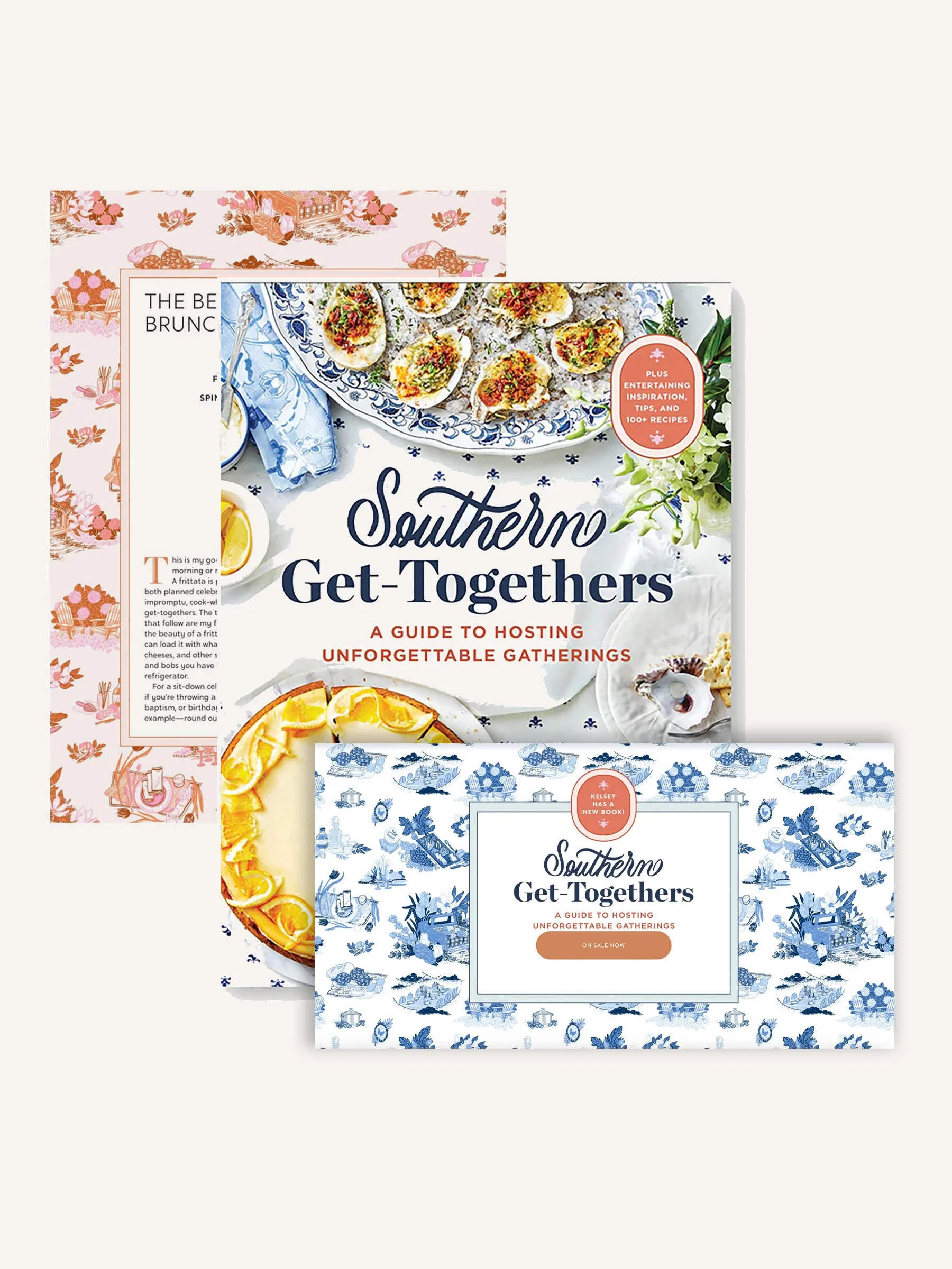 Illustrations from the book Southern Get-Togethers stacked with colorful covers and decorative patterns.