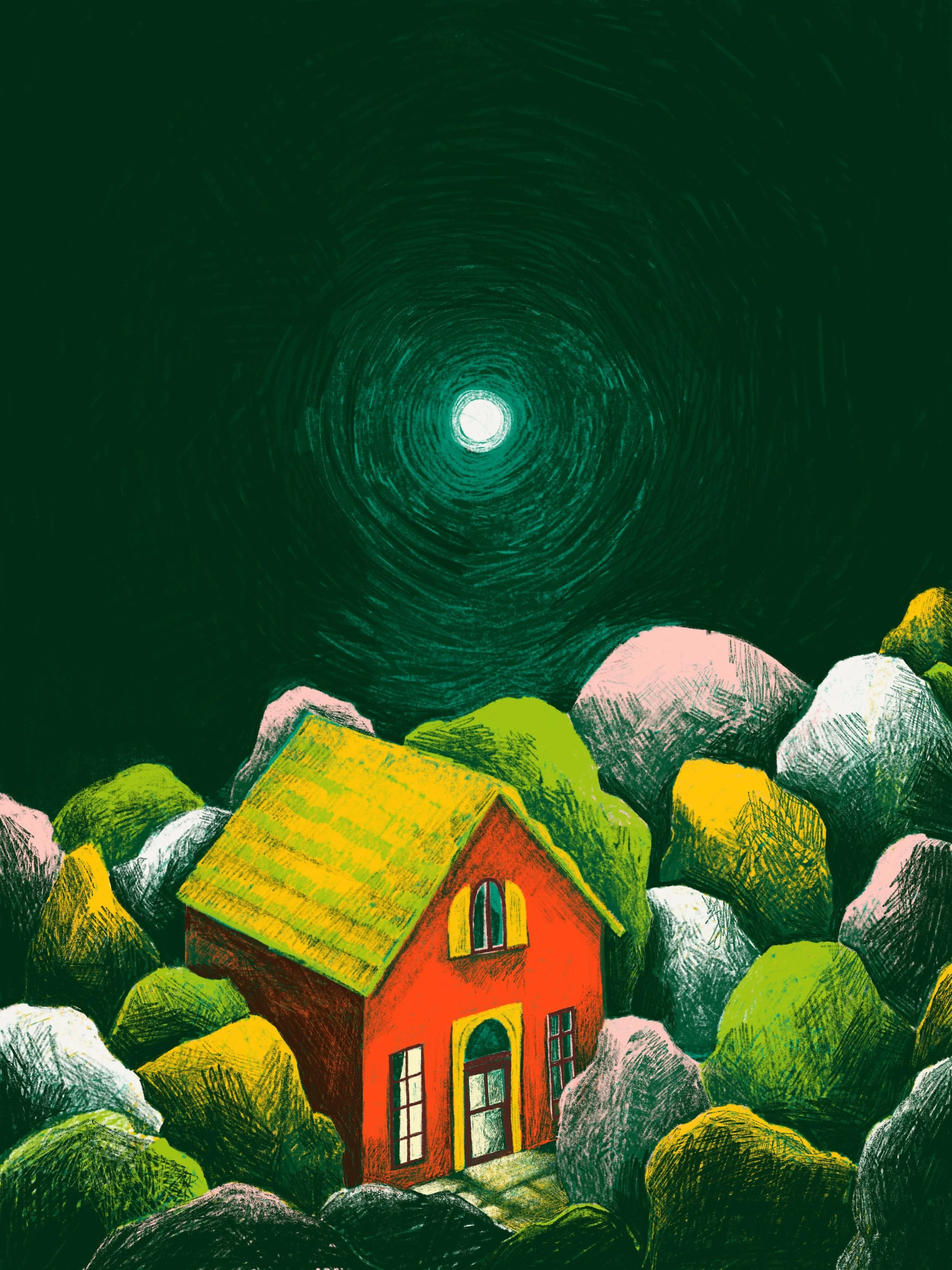 A rustic red house with a yellow roof is surrounded by colorful, fluffy bushes in shades of pink, yellow, green, and white. A person is sitting on top of the house's roof under a dark green sky with a bright, white full moon.