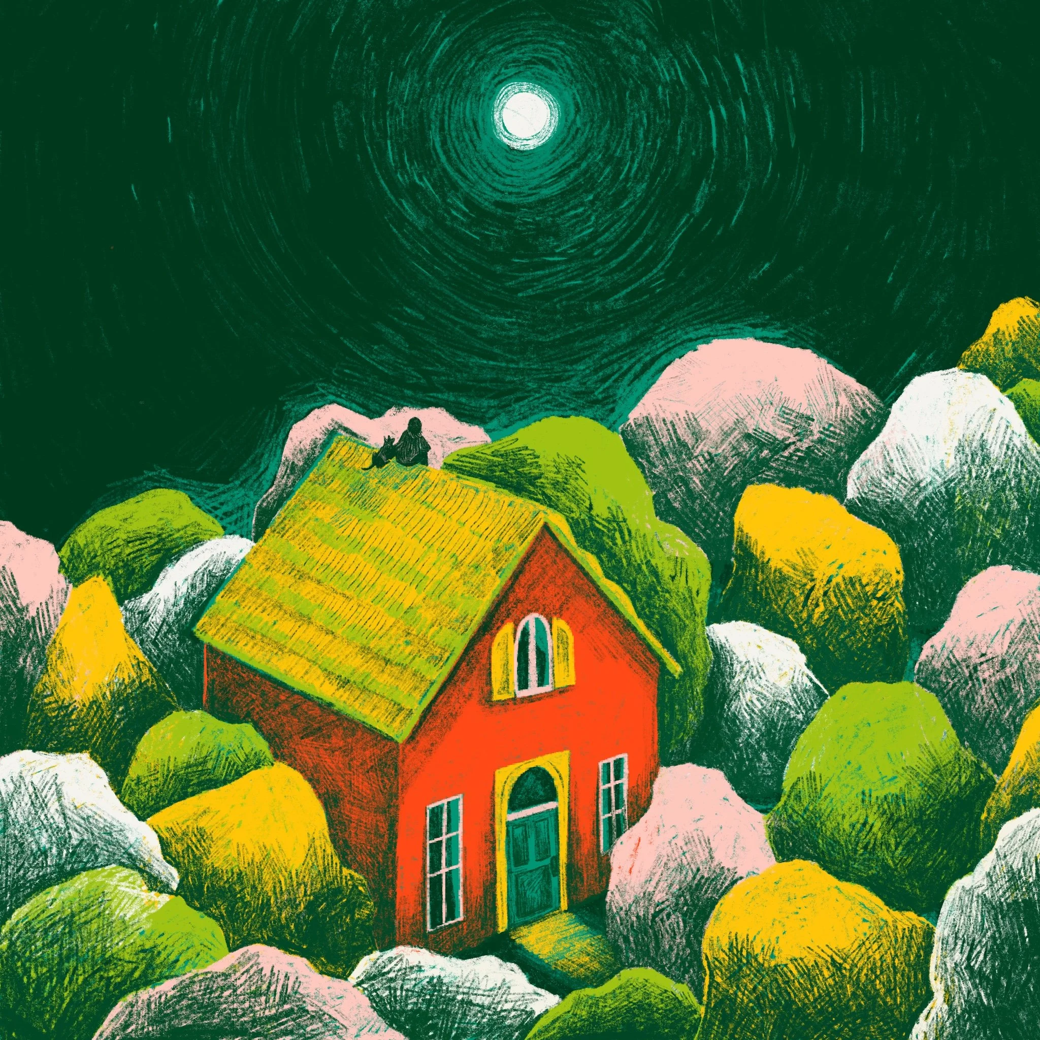 A person sitting on the roof of a red house with a yellow roof, surrounded by colorful bushes and trees, under a dark green sky with a bright full moon.