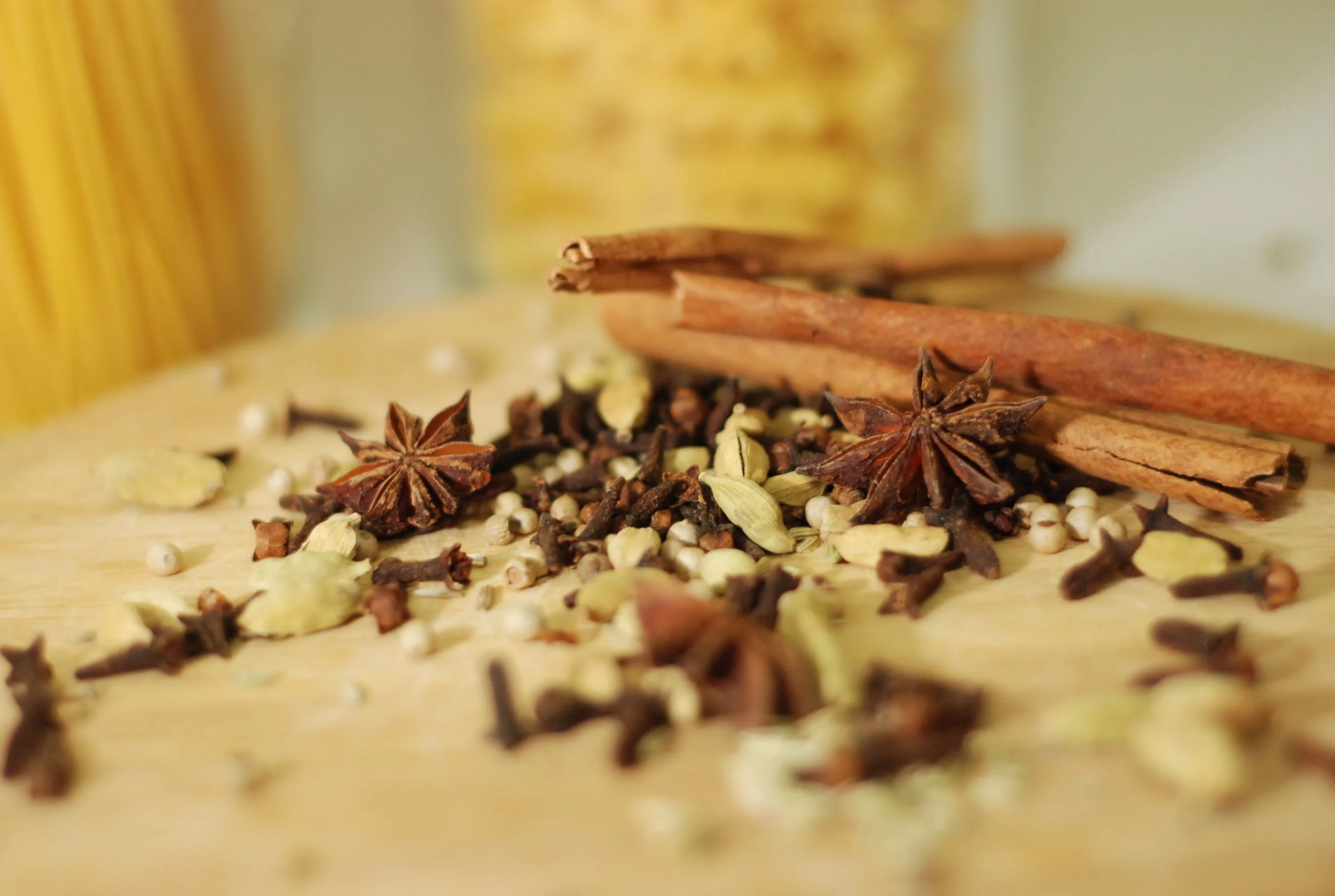  Star anise, cinnamon, cloves and cardamom are pictured above