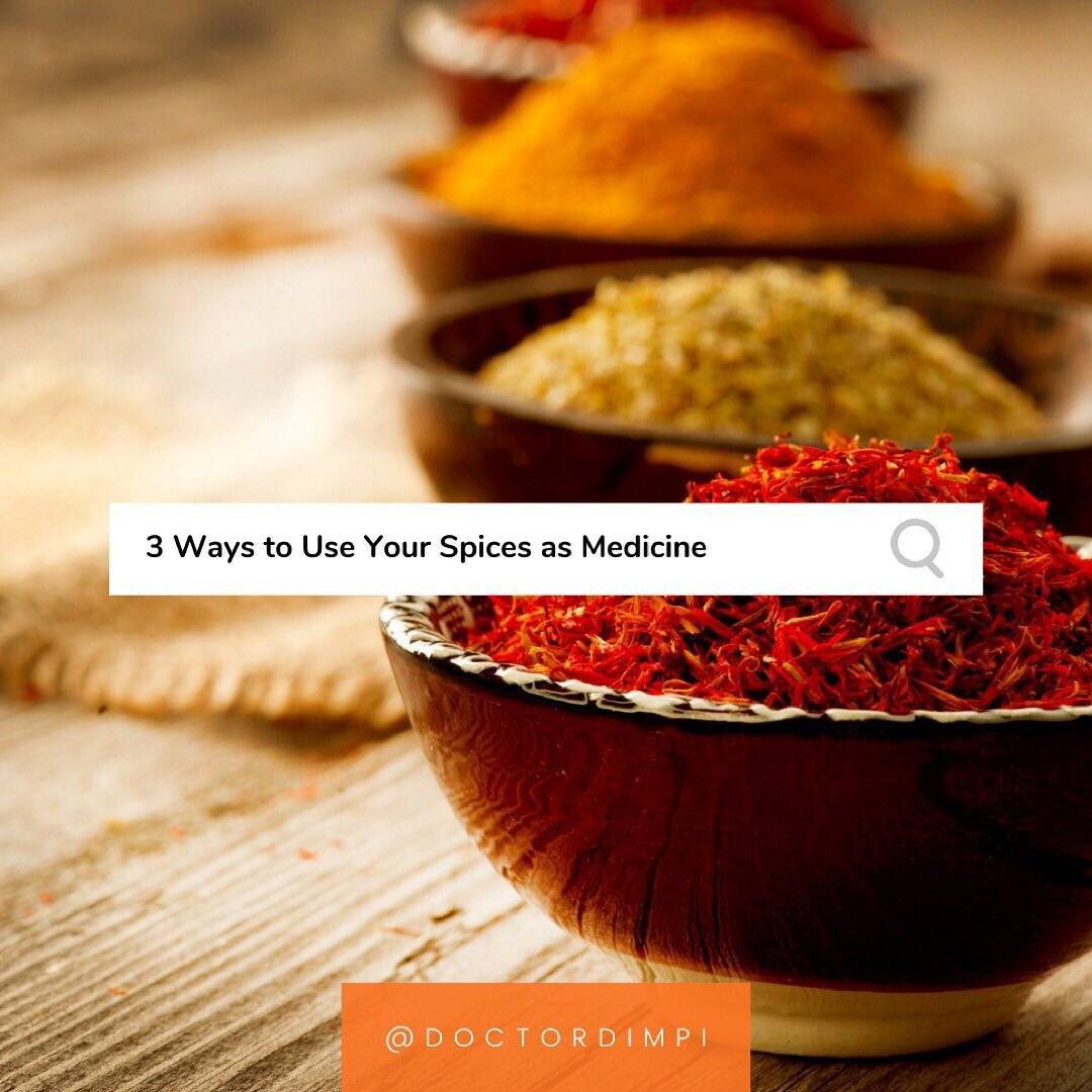 Today I am going to highlight three ways you can use your own spice rack as medicine!

🧡 Cooking 
Probably one of the most stealth ways to consume spices is to add them to the meals you prepare on a daily basis. How you cook with spices really impac