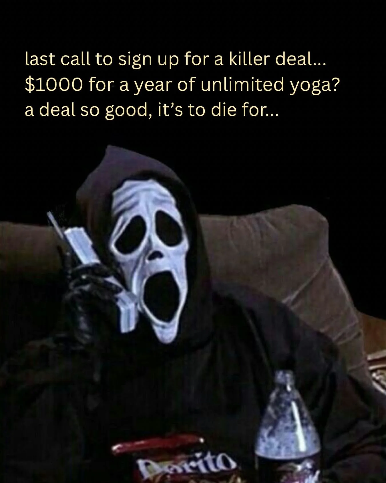 Last call to sign up for a killer deal&hellip; now until the end of the month!
$1000 for one year of unlimited yoga + a free dojo t-shirt &mdash; a deal so good, it&rsquo;s to die for.

Or hop on our $99/month unlimited yoga year contract or refer a 