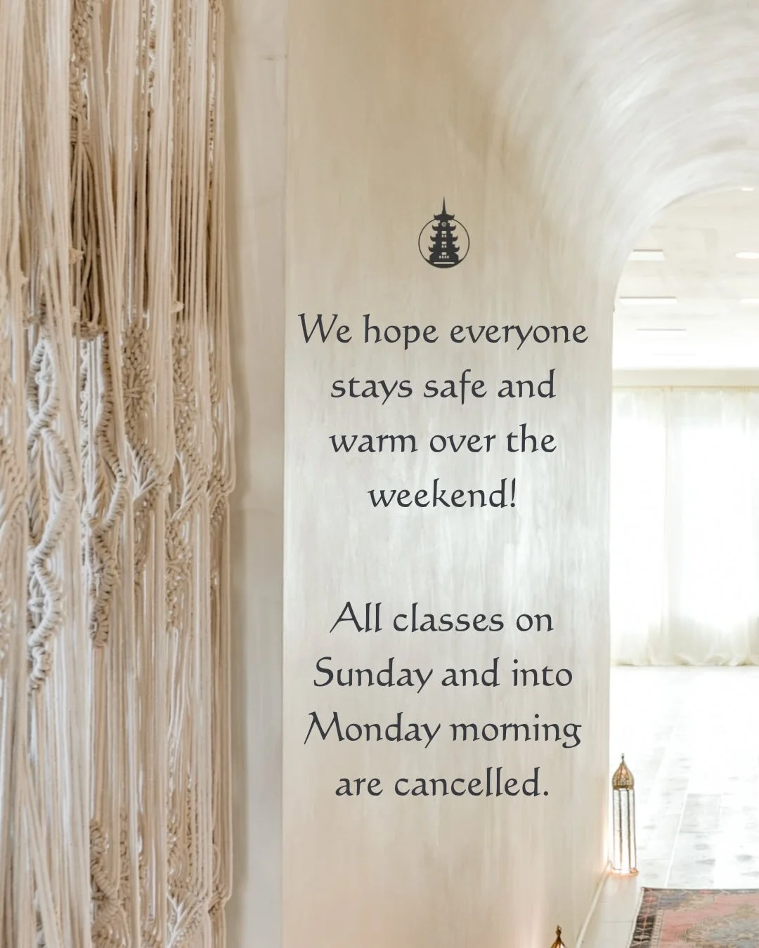 Our governor has asked that folks stay home Sunday into Monday morning with the anticipation of heavy showers and ice. 🥶

With safety being our top priority always, we&rsquo;ve cancelled all classes on Sunday into Monday morning. It&rsquo;s possible