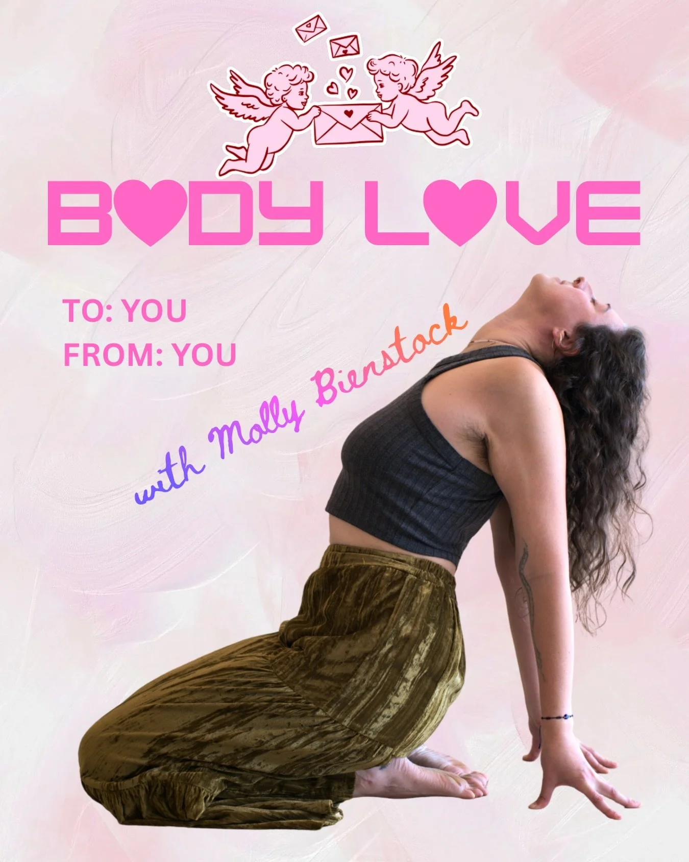 Give yourself the gift of somatic movement Friday, February 13th, 5:30-7pm. You are invited to Body Love, a somatic experience guided by Molly Bienstock. 💝

Explore, move, dance, and feel in a container of safety and acceptance.

Molly (they/them) i