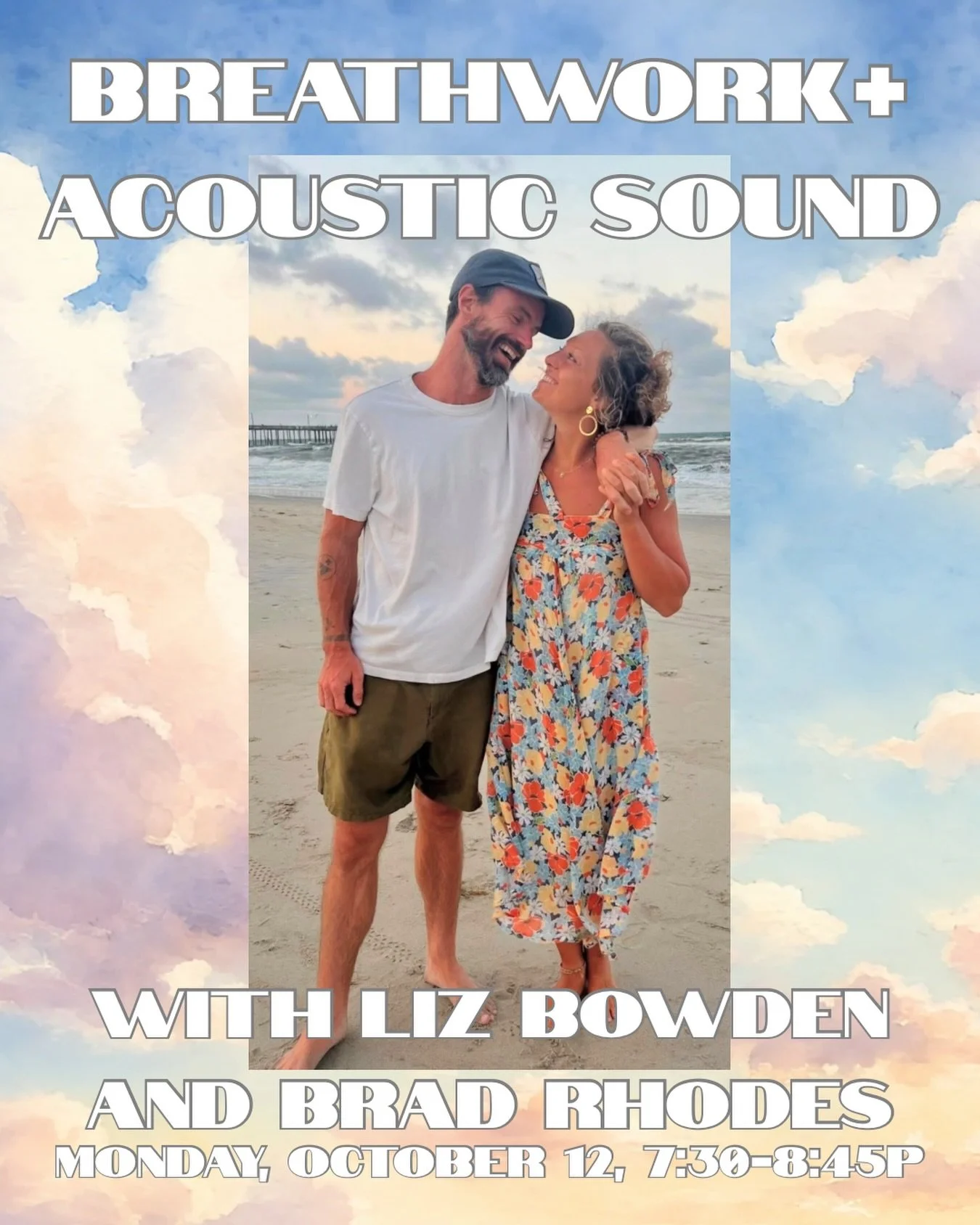 Guided by Liz Bowden and Brad Rhodes, this powerful practice of conscious breathing plus acoustic song quiets the mind, softens the nervous system, and releases what&rsquo;s been stored in the body. A journey back home to yourself October 12, 7:30-8: