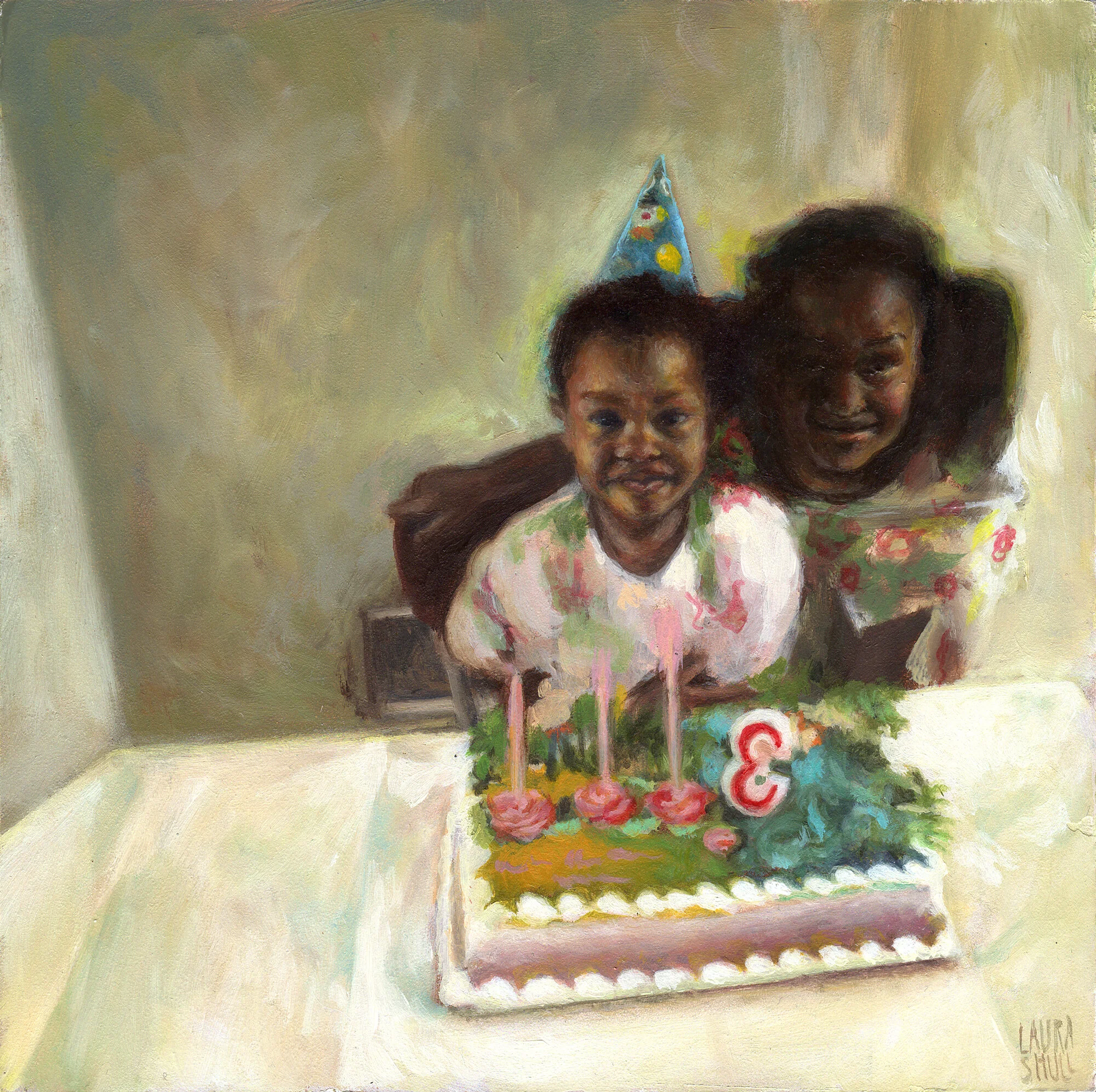 Smiling woman looks down at small white birthday cake with a single candle on patterned tablecloth. Nostalgic fine art oil painting by Laura Shull.