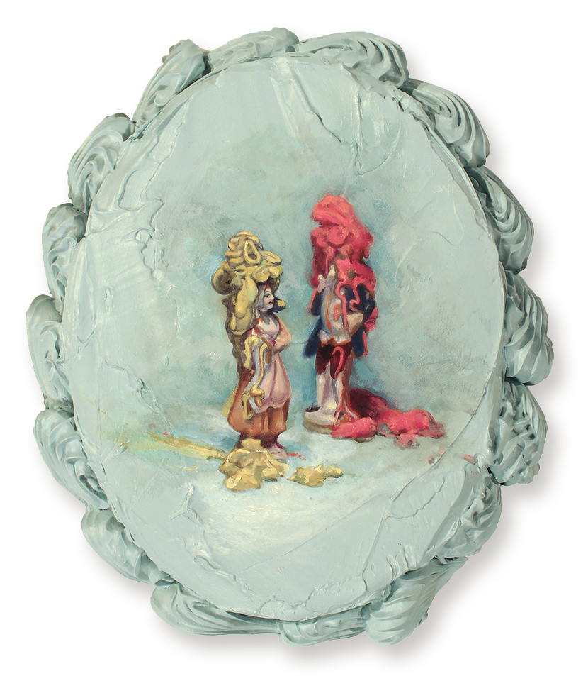 Two small figures stand on thick light green frosting textured base with ornate piped cake frosting oval border. Experimental 3D oil and acrylic assemblage titled Baggage by Laura Shull.