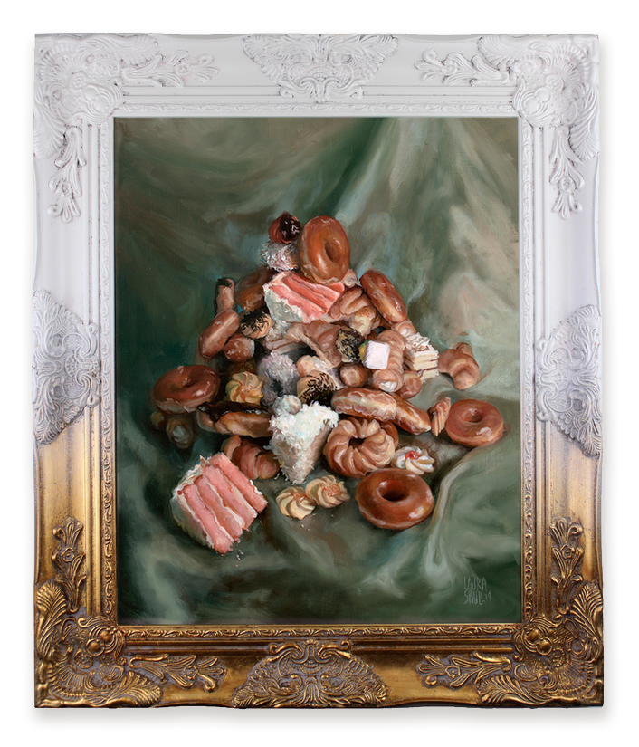 A towering pile of glazed donuts and pink cake slices over a draped green satin fabric, housed in an ornate light gray and gold ombre ornate frame. Still life oil painting by Laura Shull.
